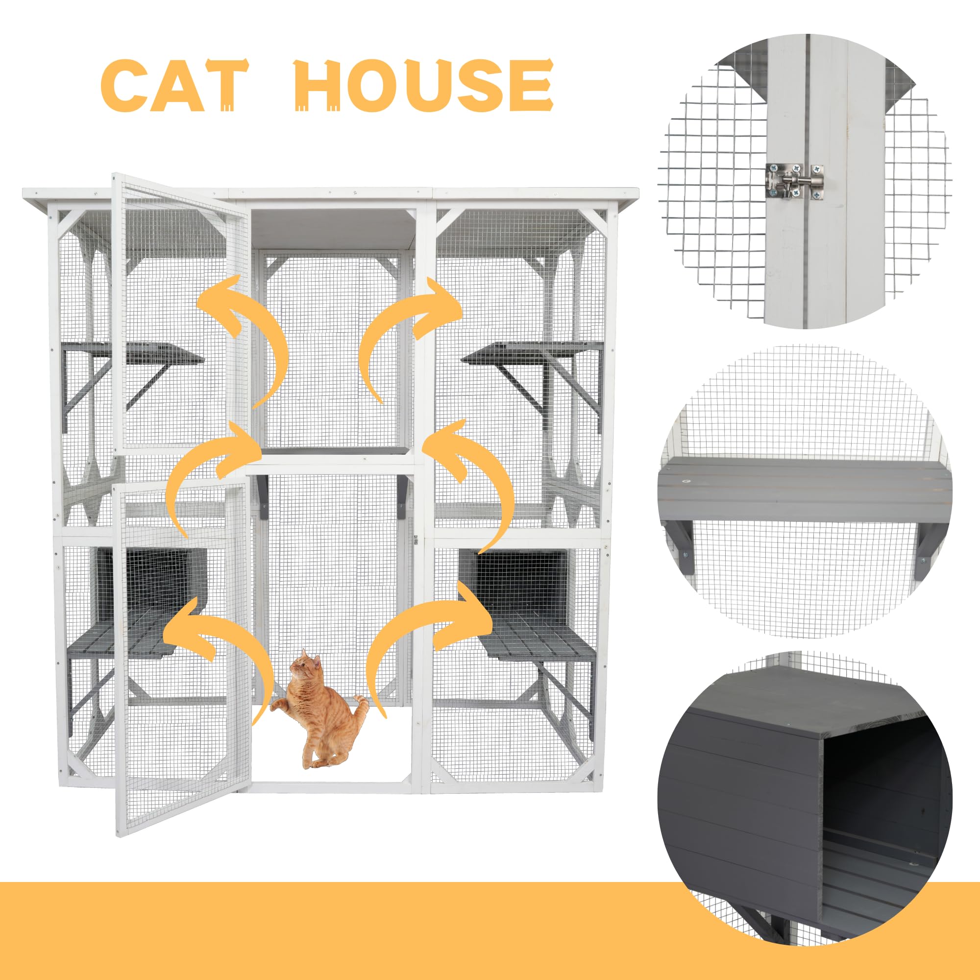 Ball & Cast 71 Wooden Catio Outdoor Cat Enclosure with Weatherproof Asphalt Roof,Jumping Platforms & Napping Houses,Walk-in Cats