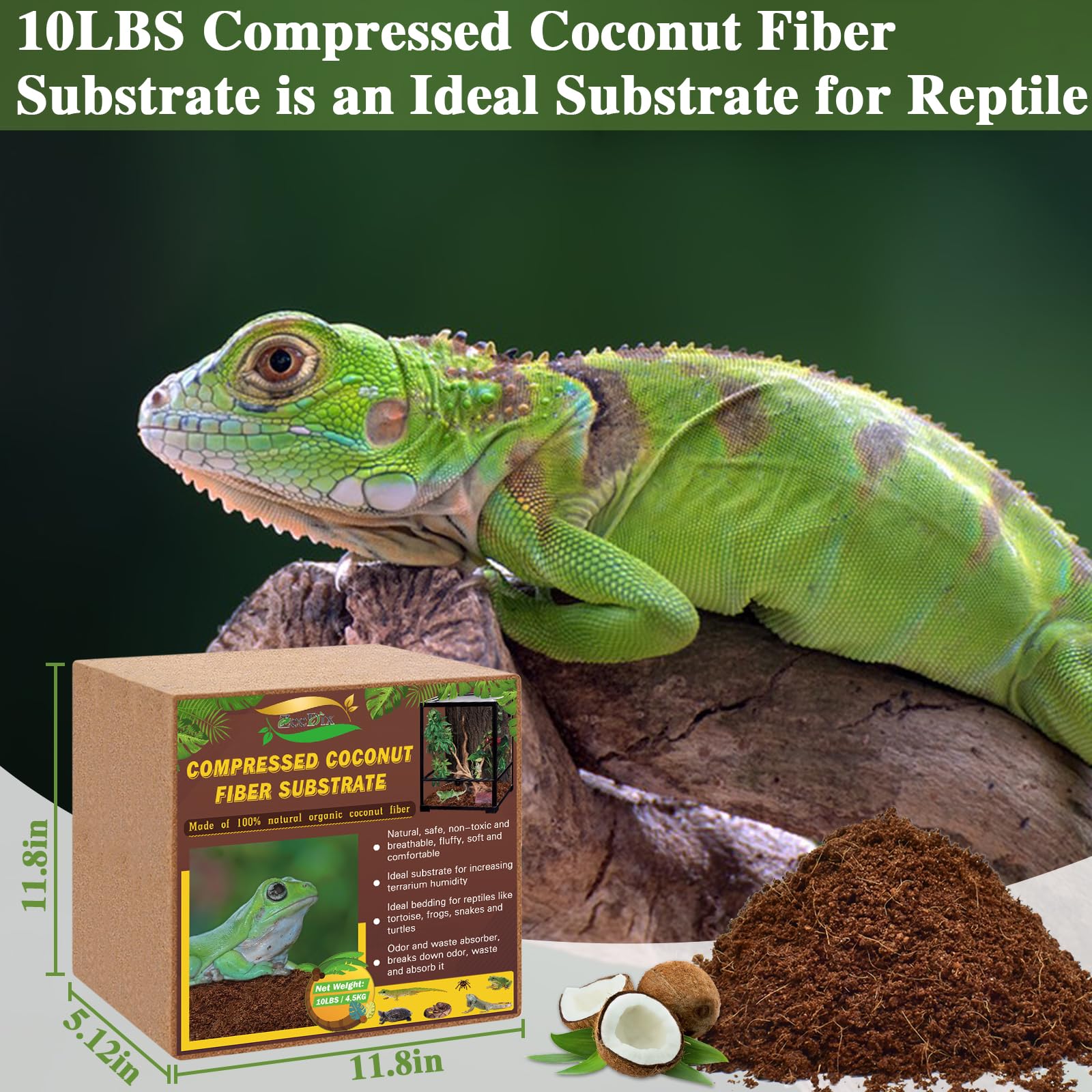Zeedix 10Lb Compressed Coconut Fiber Substrate, 100% Organic Coco Coir Fiber Brick Husk Substrate Bedding For Reptiles, Geckos,