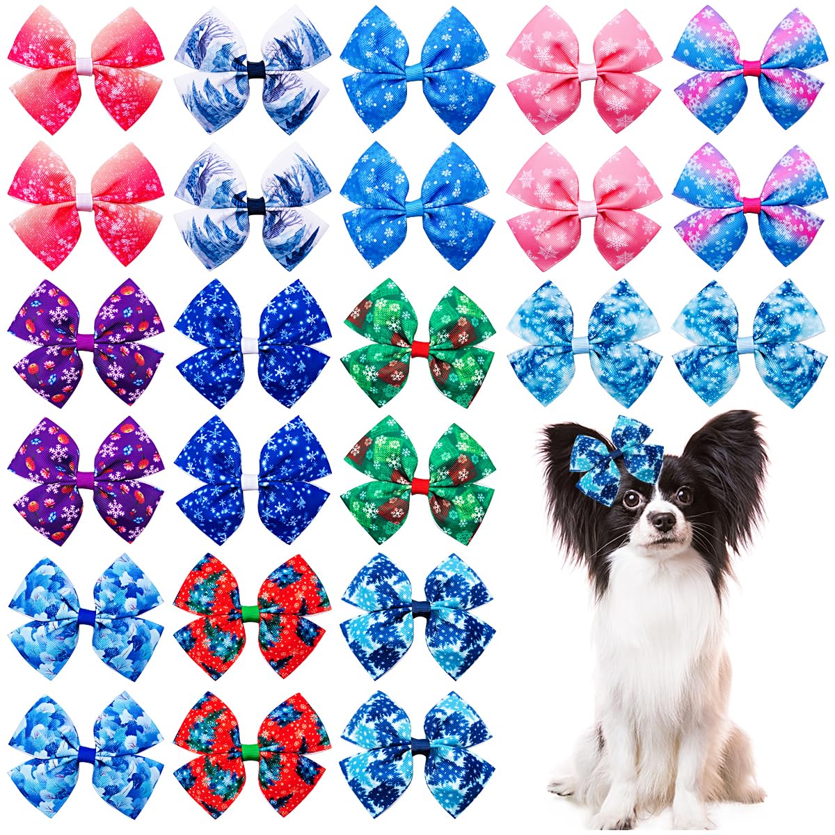 Jpgdn 24Pcs/12 Pairs 4'' Big Dog Hair Bows With Rubber Band Winter For Large Breed Dogs Snow Forest Ice Pines For Girl Boy Bowkn