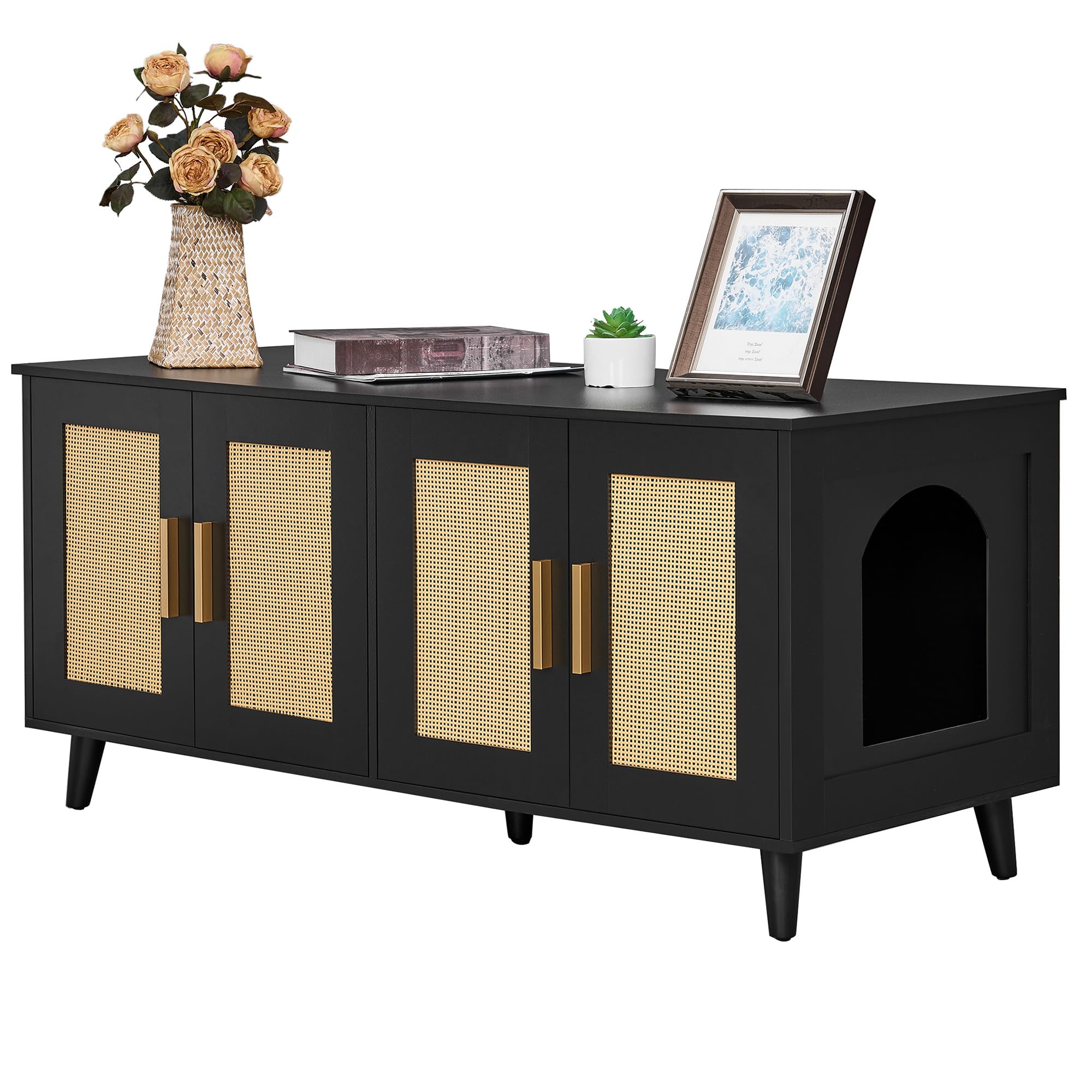 Homhedy Boho Cat Litter Box Enclosure For 2 Cats, Wooden Cat Washroom Furniture With Double Rattan Decorated Doors, Pet House,47