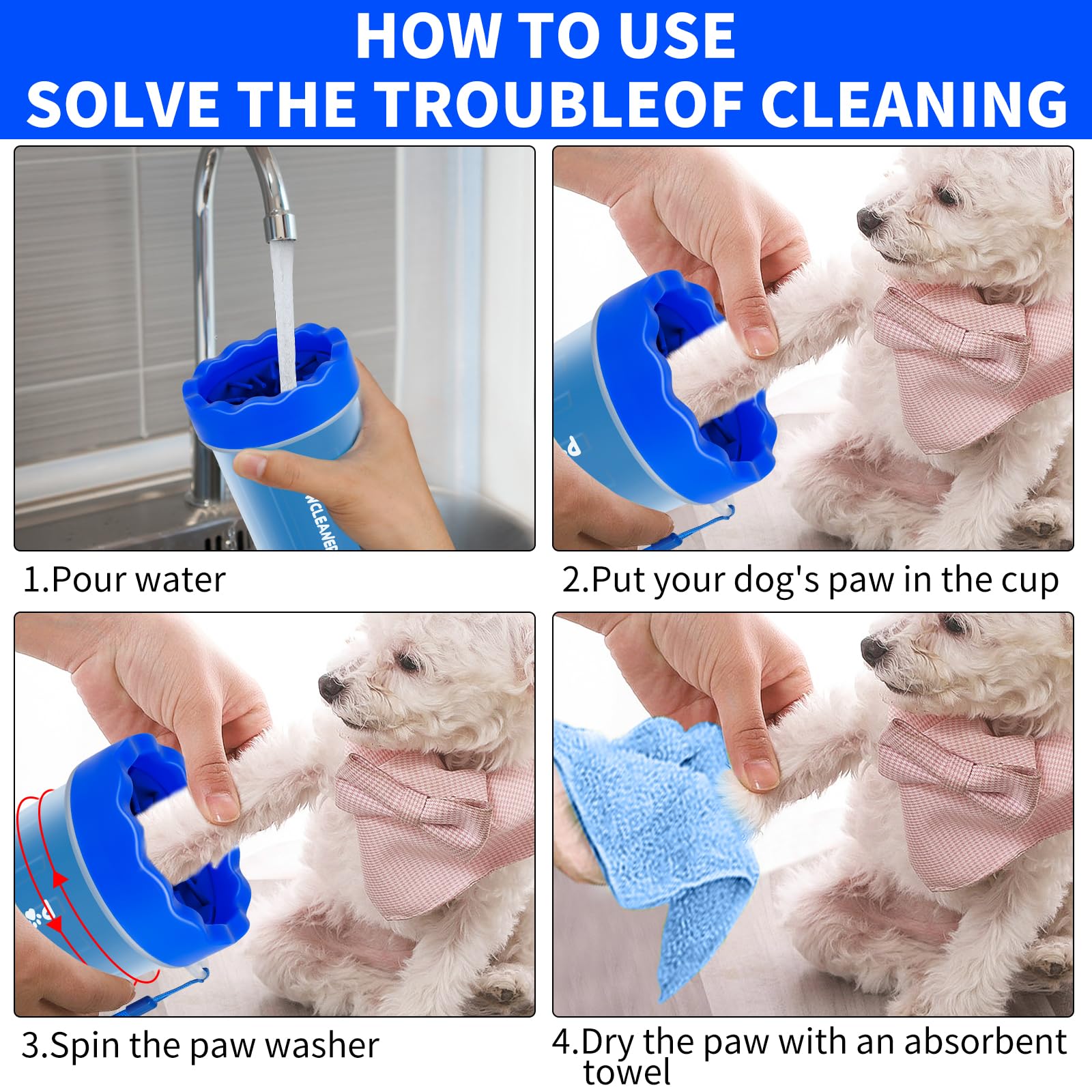 Dog Paw Cleaner For Dogs, (With 3Pcs Absorbent Towels & Adjustable Bath Brush) Dog Paw Washer, Pet Foot Cleaner (Deep Blue, Smal