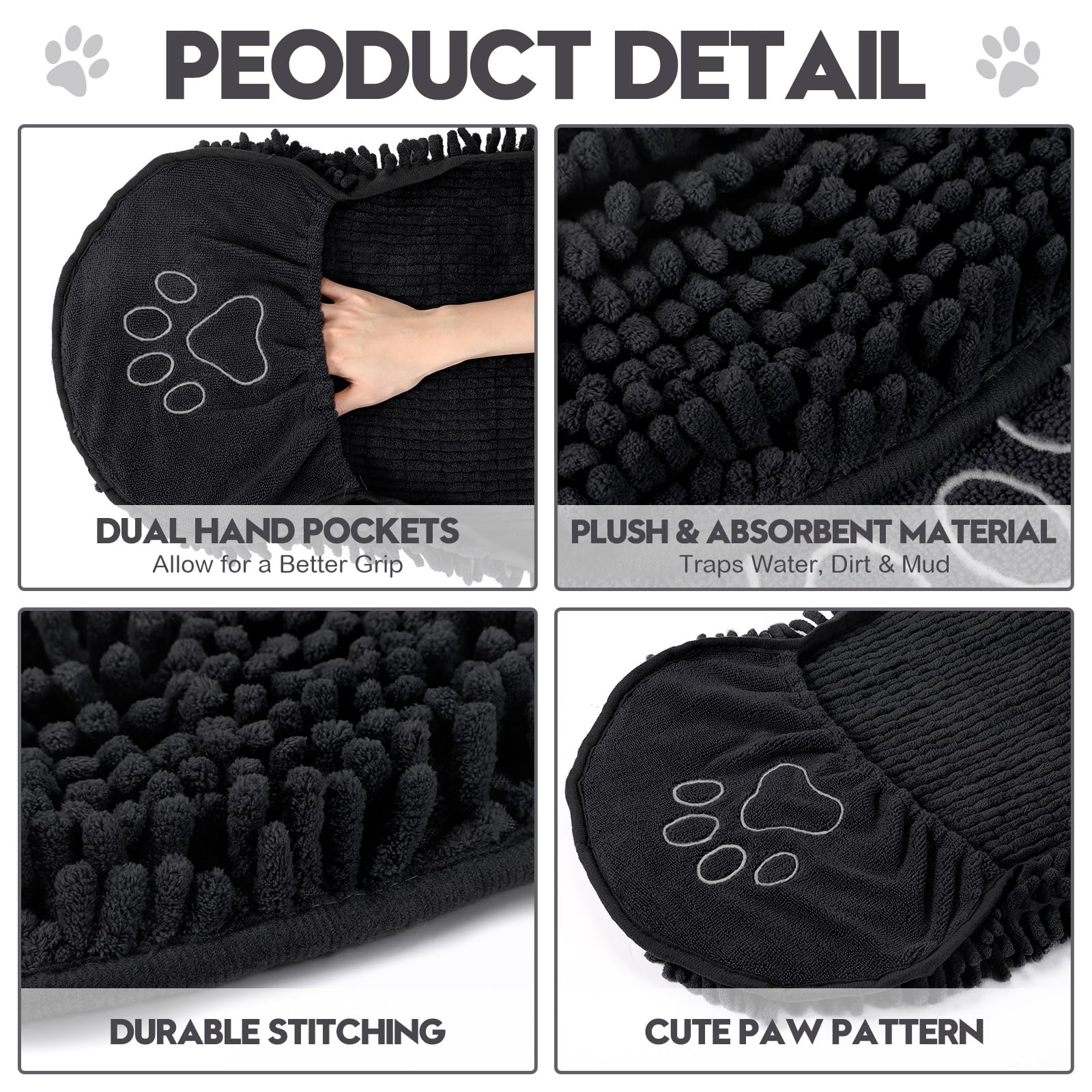 Newwiee 4 Pcs Large Dog Shammy Towel for Drying 32 x 14 in Microfiber Absorbent, Quick Drying Dog Bath Towel with Hand Pocket, M