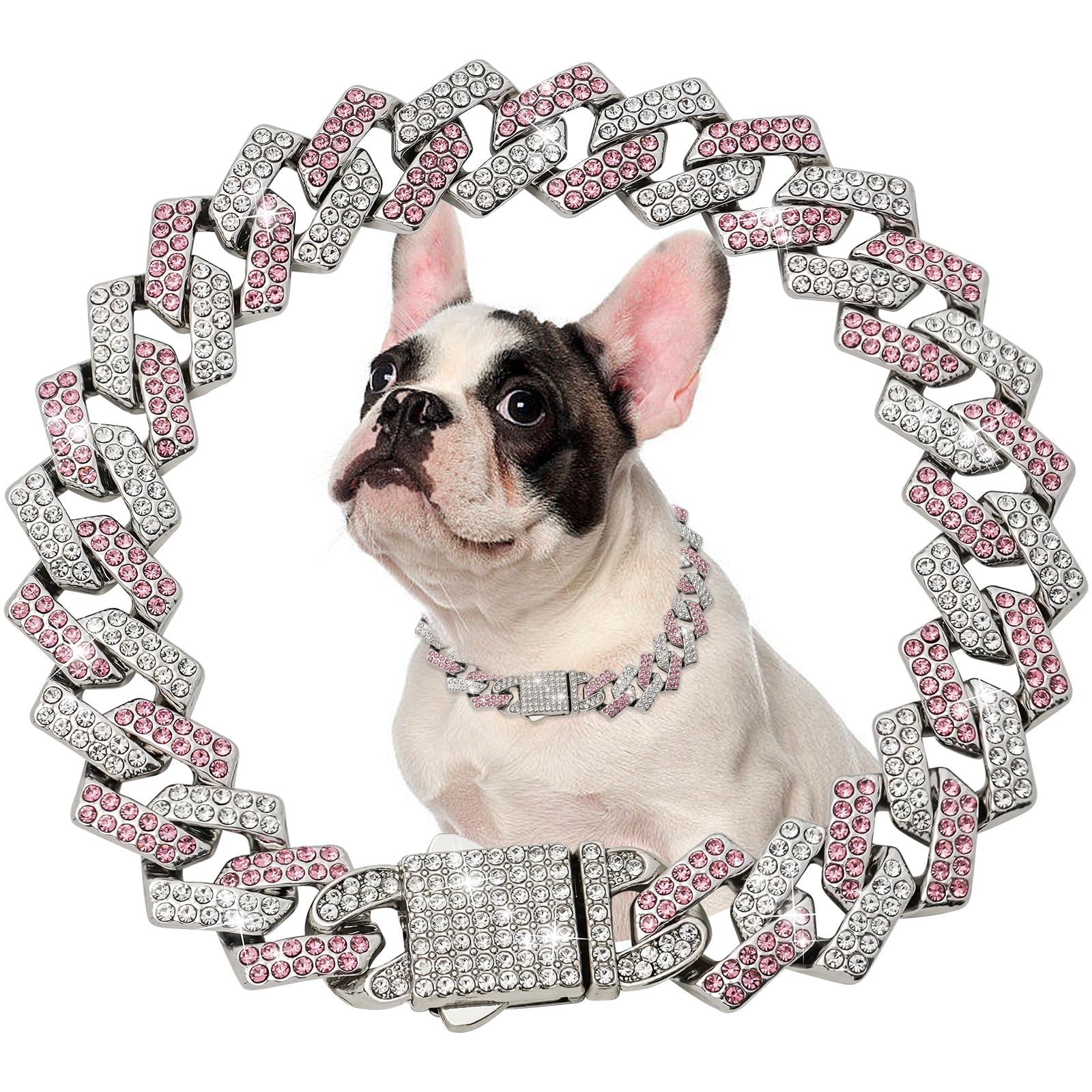 Pink Dog Chain Collar Diamond Link 15Mm Wide Dog Necklace Metal Cat Chains Pet Crystal Collars Jewelry Accessories For Small Med