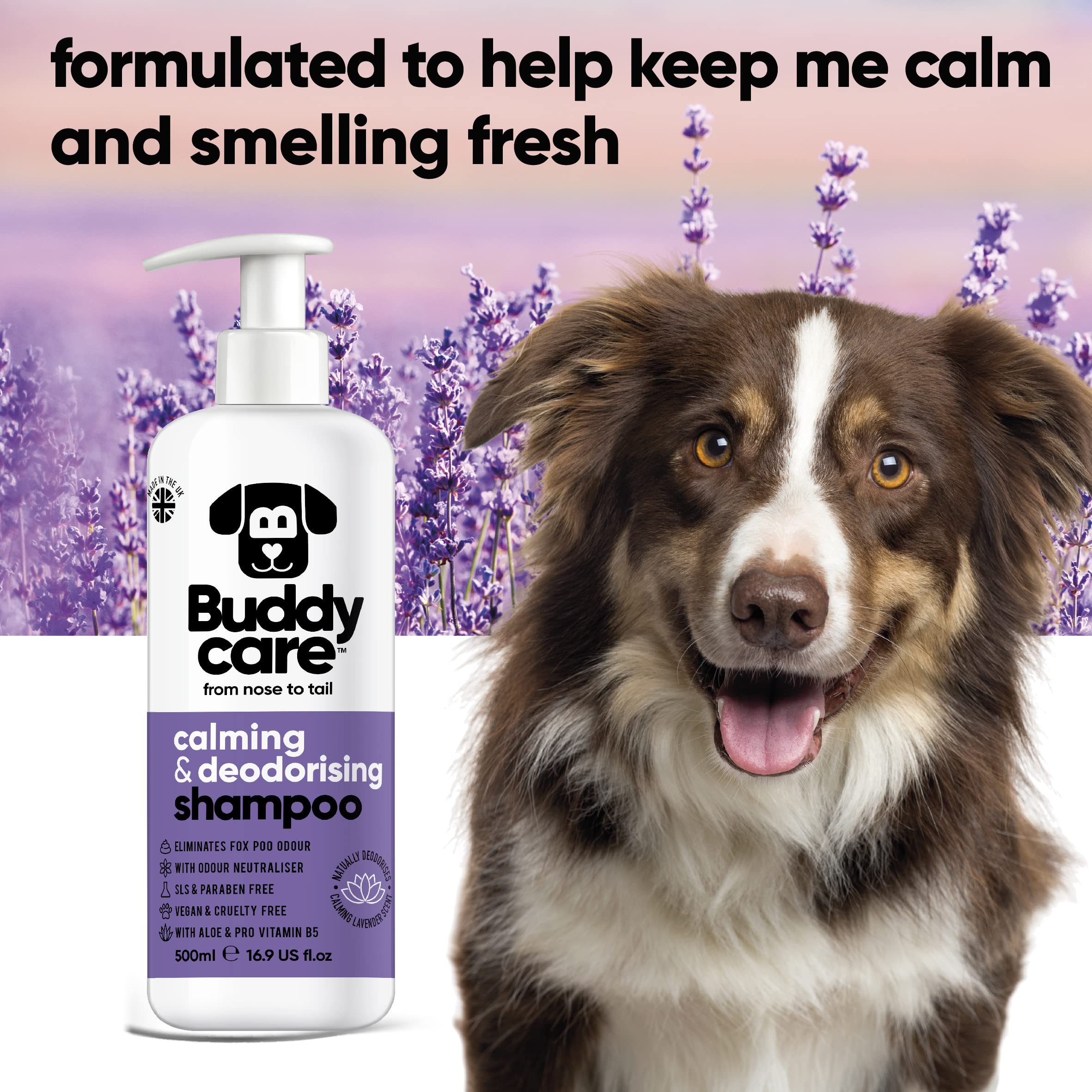 Calming & Deodorising Dog Shampoo By Buddycare | Lavender Scented | Itchy Skin Relief For Smelly Dogs | Deep Cleansing Shampoo F