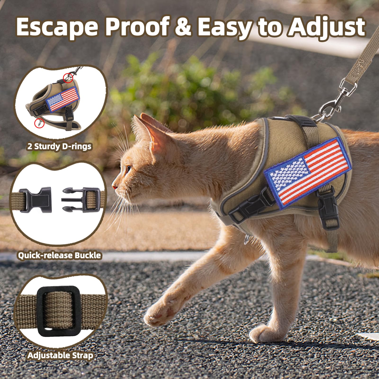 Pupteck Tactical Cat Harness And Leash Set Escape Proof, Adjustable Reflective Kitten Jacket Easy Control, Pet Vest Harness For