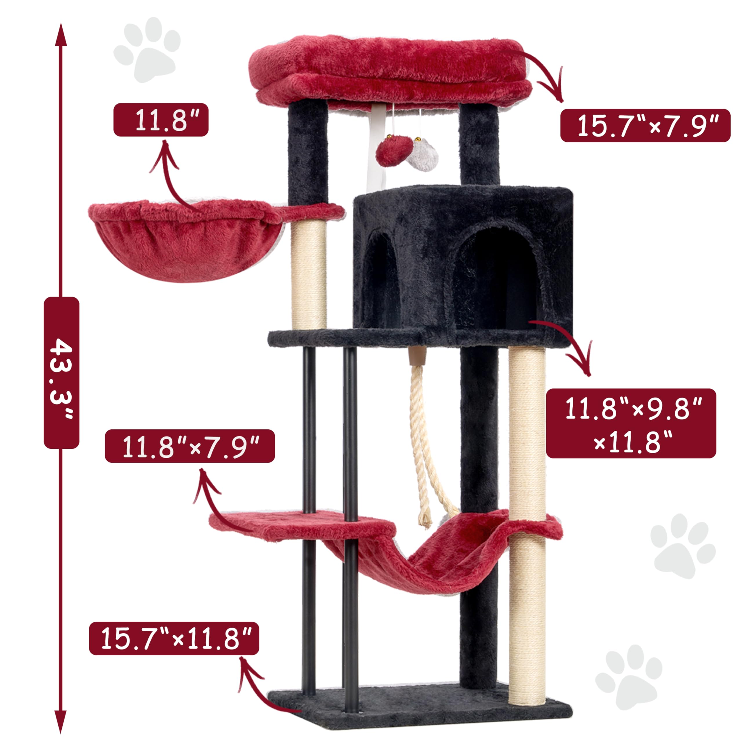 Gitelsnour Cat Tree, Cat Tower For Indoor Cats, 43.3 Inch Gothic Cat Tree Tower With Sturdy Steel Tube, Hammock, Cat Condo For S