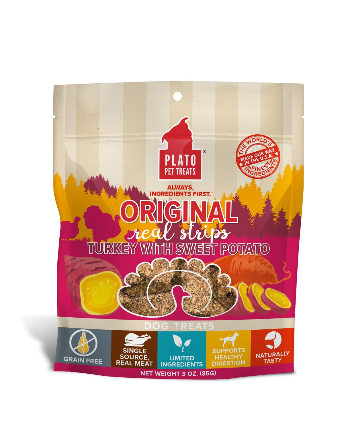 Plato Turkey Real Strips Natural Dog Treats - Real Meat - Air Dried - Made In The Usa - Turkey & Sweet Potato, 3 Ounces