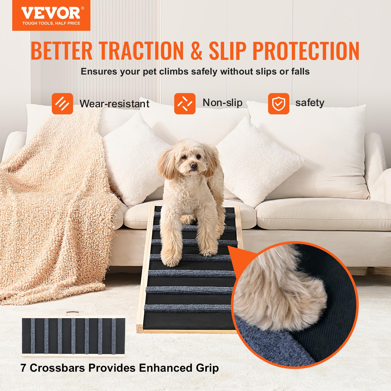 VEVOR Dog Ramp, Folding Pet Ramp for Bed, Adjustable Dog Ramp for Small, Large, Old Dogs & Cats, Wooden Pet Ramp with 39.3 Long