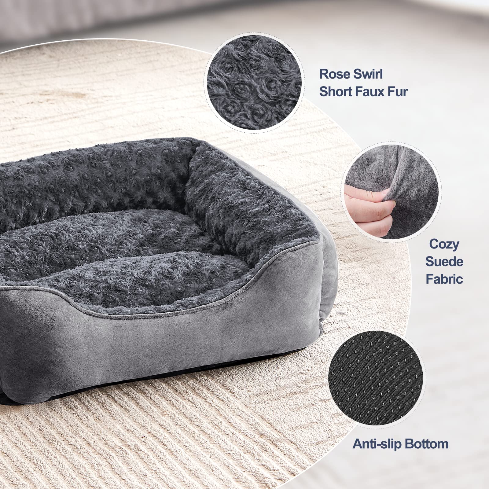 Joejoy Rectangle Dog Bed For Large Medium Small Dogs Machine Washable Sleeping Dog Sofa Bed Non-Slip Bottom Breathable Soft Puppy Bed Durable Orthopedic Calming Pet Cuddler, Multiple Size, Grey