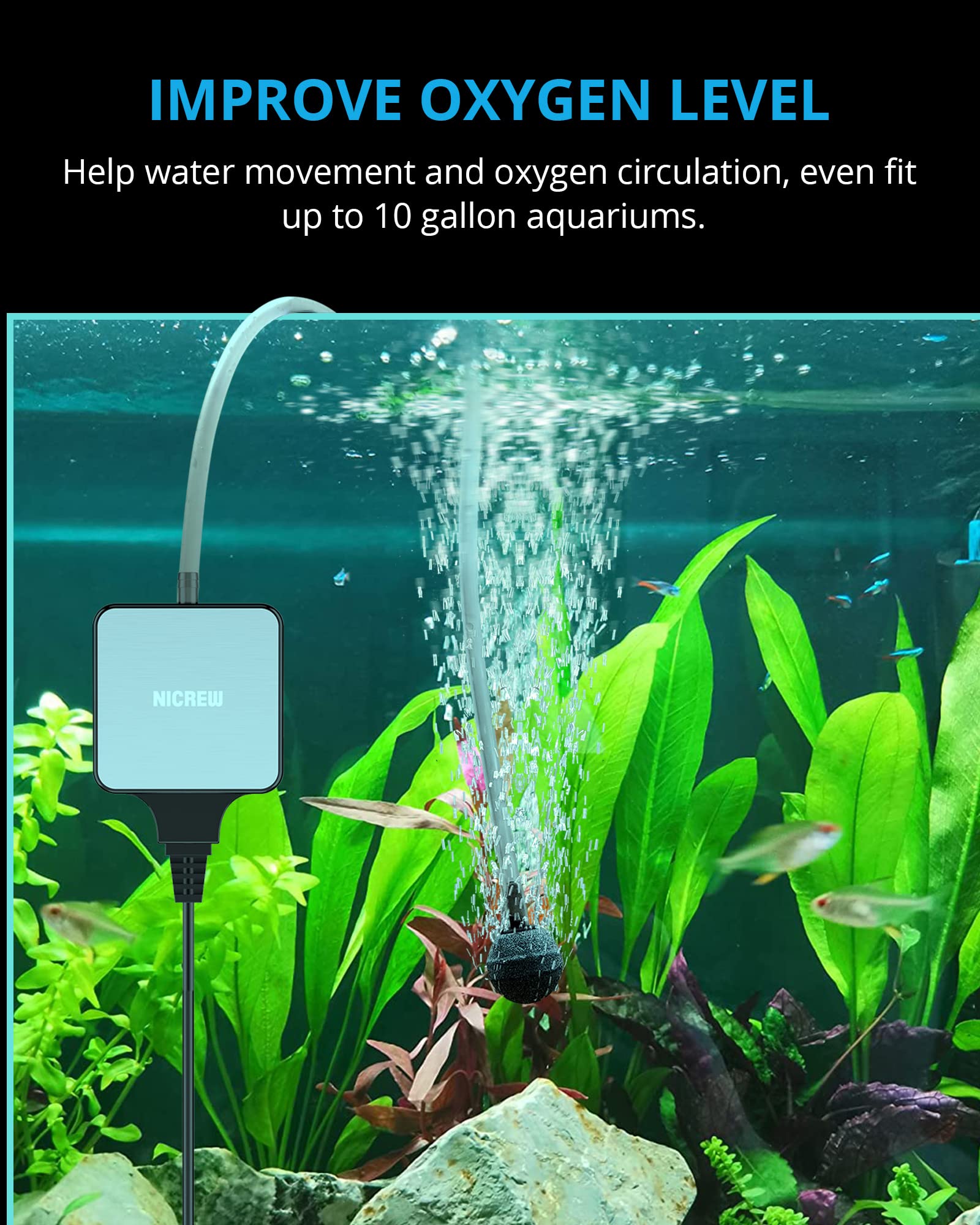 Nicrew Nano Silent Aquarium Air Pump, Corded Electric, Aquarium Aerator With Accessories For Up To 10 Gallon Fish Tank, Super Quiet, 0.3 L/Min, 1.5 Watts