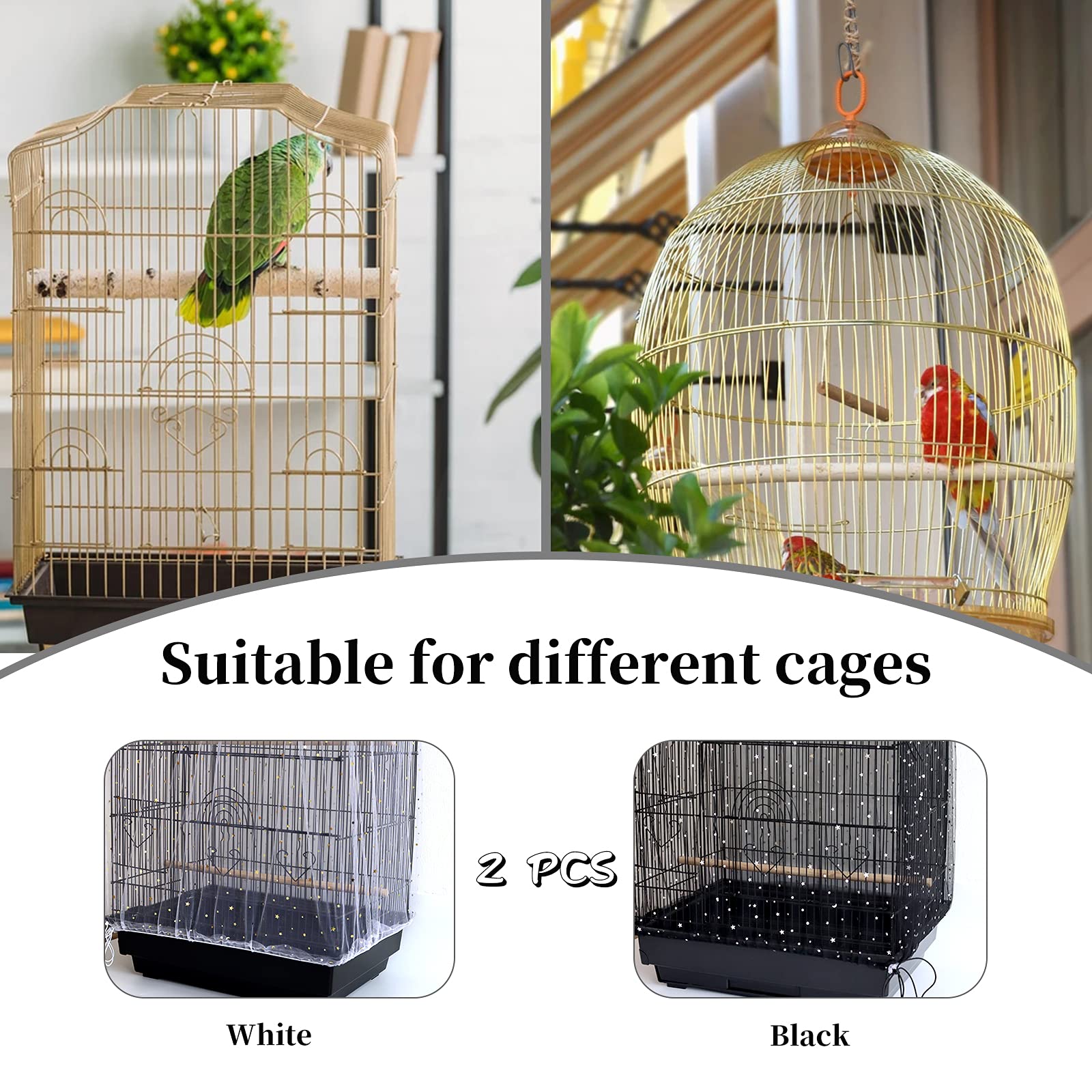 Daoeny 2Pcs Adjustable Bird Cage Cover, Upgraded Airy Nylon Mesh Parrot Net With Sequins, Universal Seed Feather Catcher, Soft Birdcage Cover Skirt Sheer Guard For Parakeet Macaw Round Square Cages