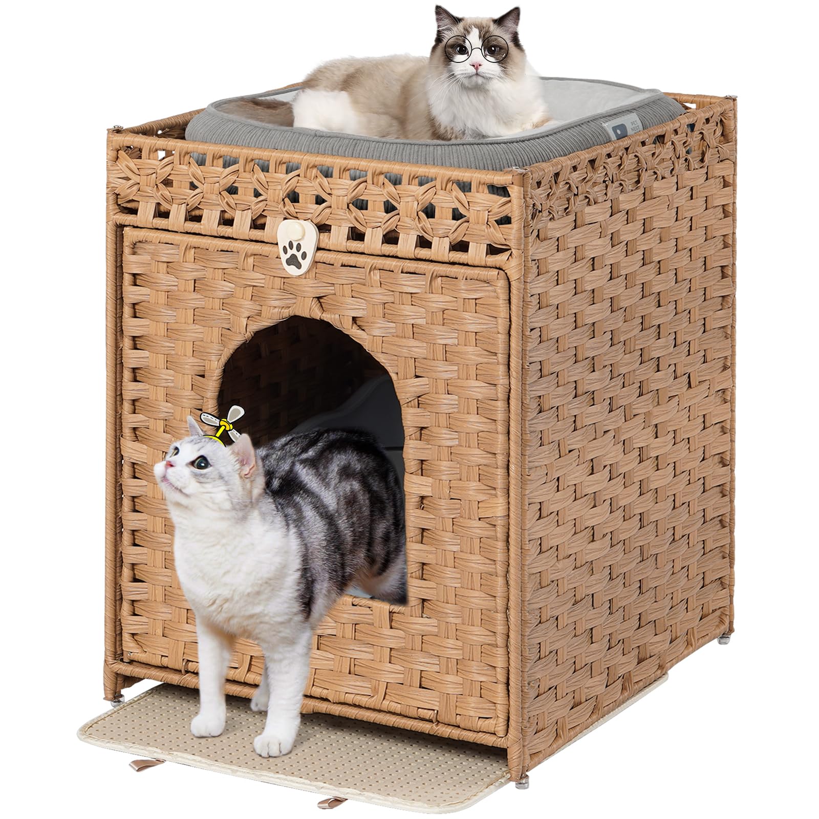 Snughome Cat Litter Box Enclosure Furniture Hidden With Cat Litter Mat, Hidden Cat Washroom Furniture With Door, Handwoven Ratta
