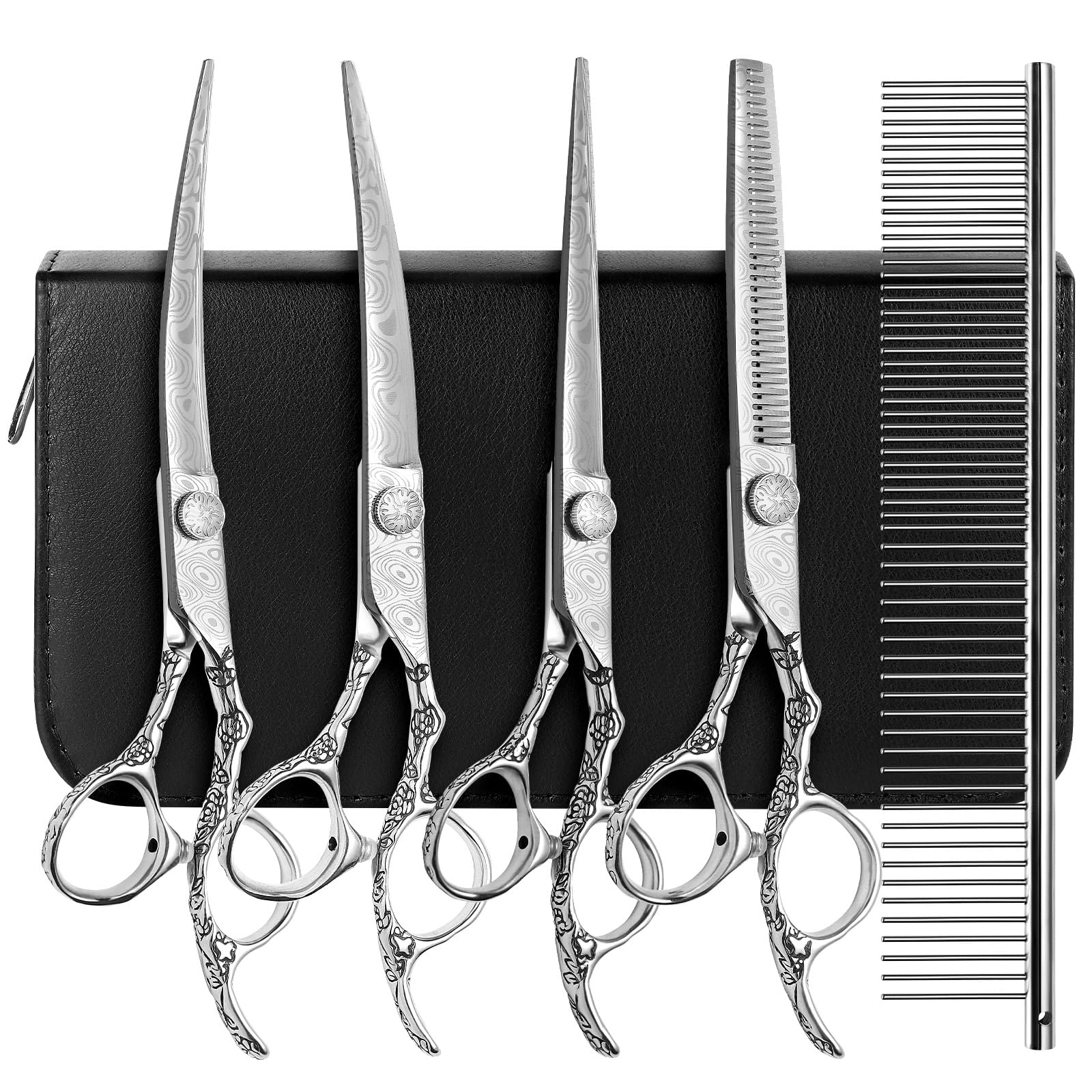 Citywish Dog Grooming Scissors,Silver With Safety Round Tips,5 In 1 Curved Dog Scissors For Grooming,Professional Pet Grooming S