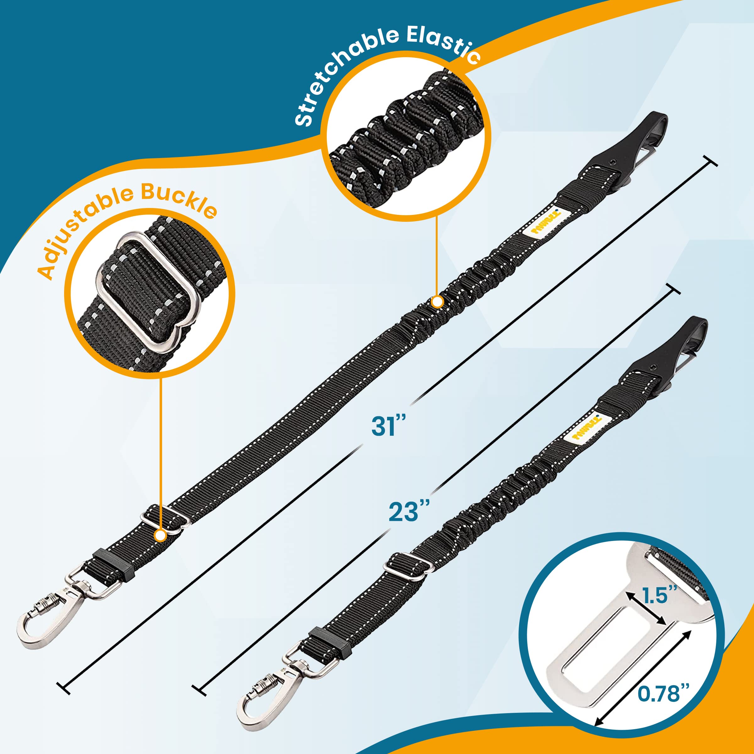 Pawbee 2 Pack Dog Seat Belts For Cars - Adjustable, Elastic Bungee Dog Car Harness With Easy Clip, 3-In-1 Safety Dog Car Seat Be