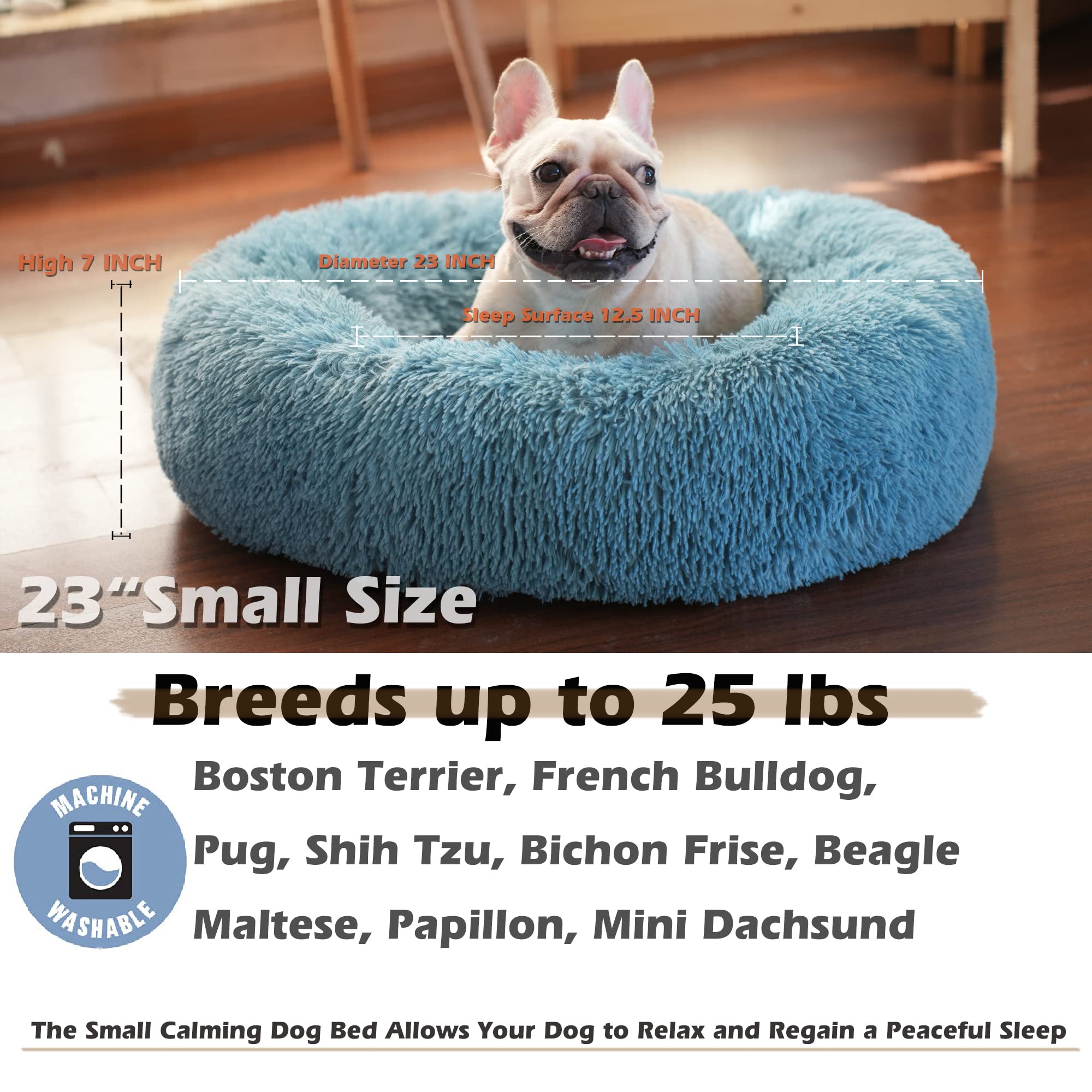 Blue Dog Bed For Small Dogs Fluffy Anti-Anxiety Dog Bed, Calming Dog Bed For Small Dogs Washble Snuggle Safe And Soft Puppy Bed For Small Dogs,Round Donut Machine Washable Small Pet Bed.
