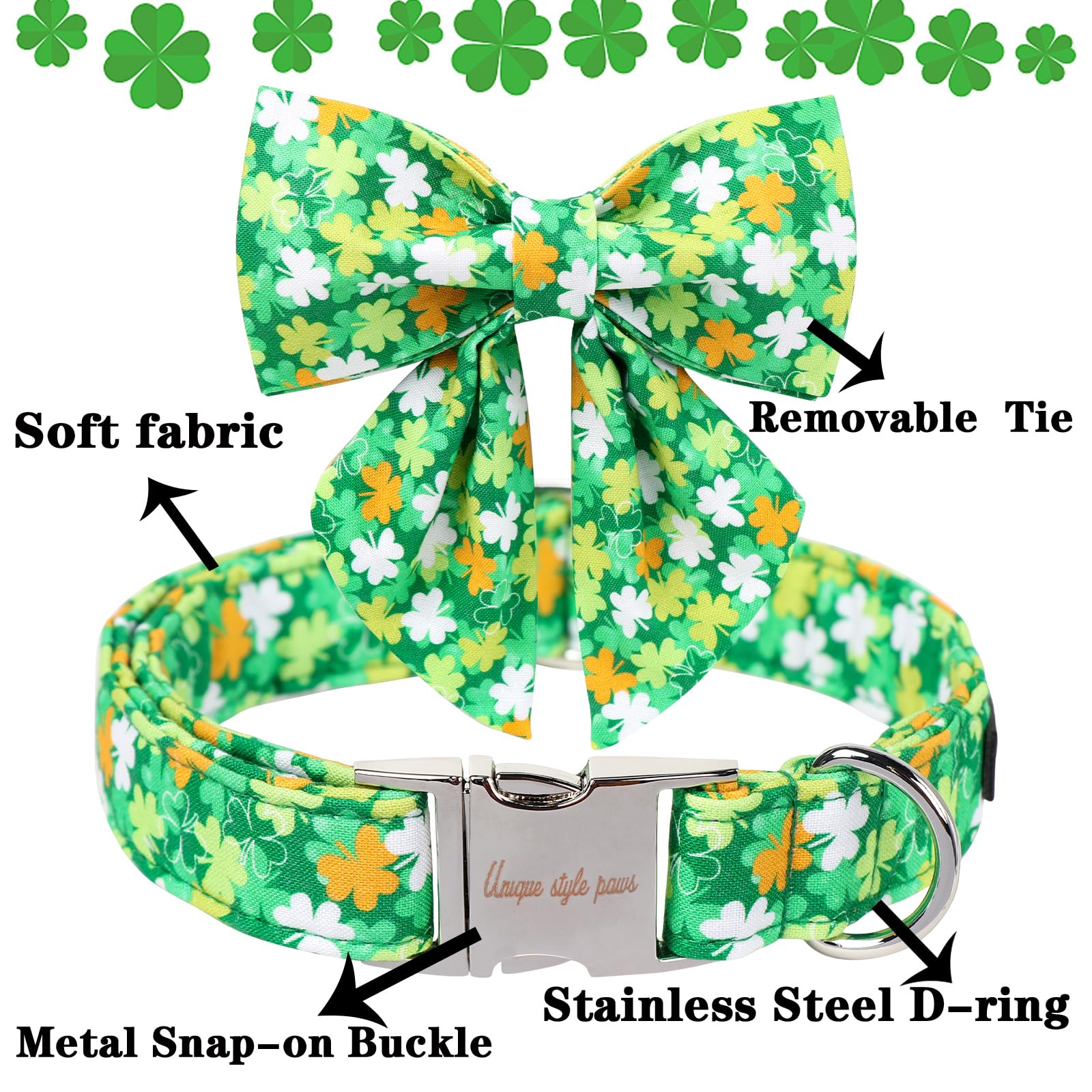 Unique Style Paws St. Patrick'S Day Dog Collar With Bow Clover Collar With Flower For Small Medium Large Boys Girls Dogs