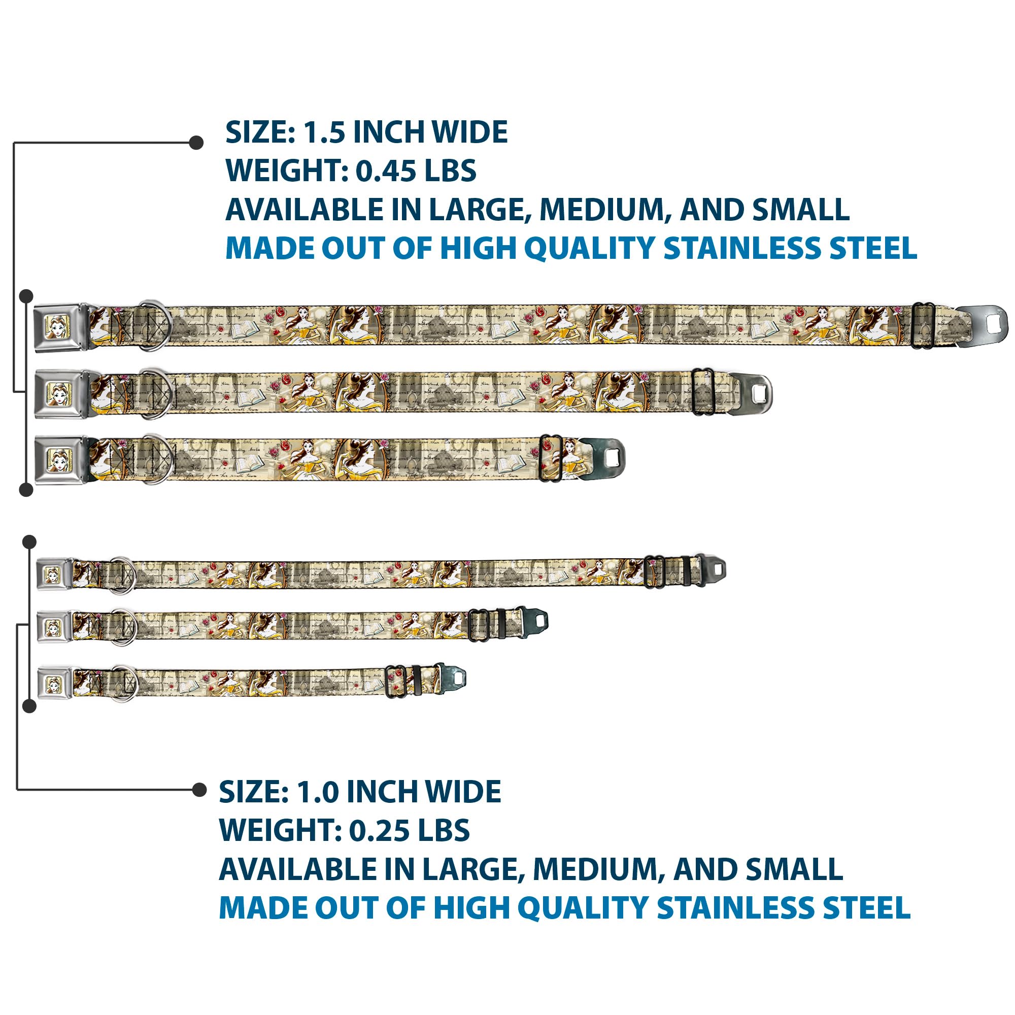 Buckle-Down Seatbelt Buckle Dog Collar - Belle Sketch Poses/Story Script - 1'' Wide - Fits 9-15'' Neck - Small