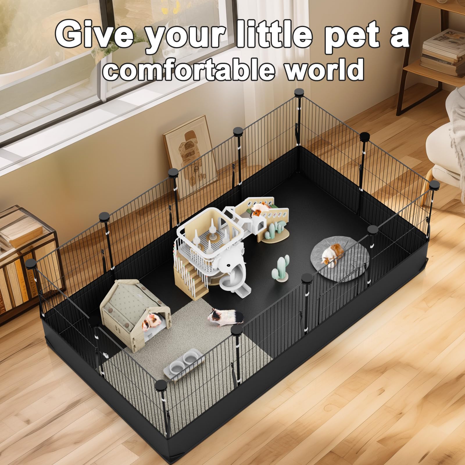 Tresbro Guinea Pig Cage with Waterproof PVC Bottom Liner & One-Hand Release Hook, Triple Fixing C&C Cage for Guinea Pigs, Bunny,