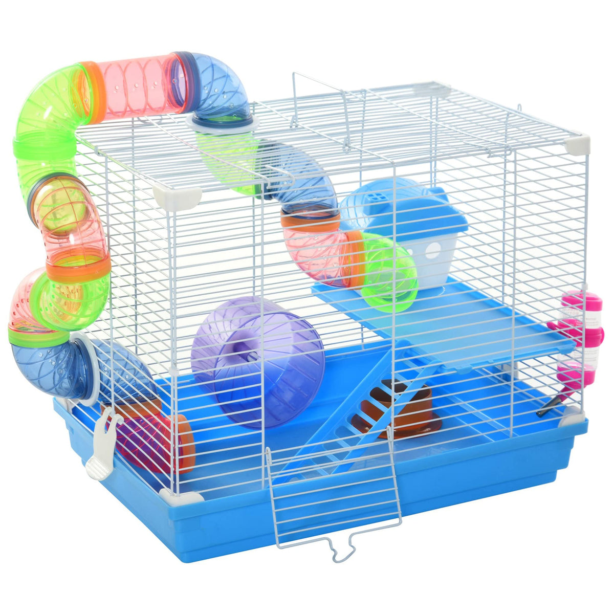 Pawhut 2 Tier Hamster Cage Carrier Habitat Small Animal House with Exercise Wheels Tunnel Tube Water Bottle Dishes House Ladder 
