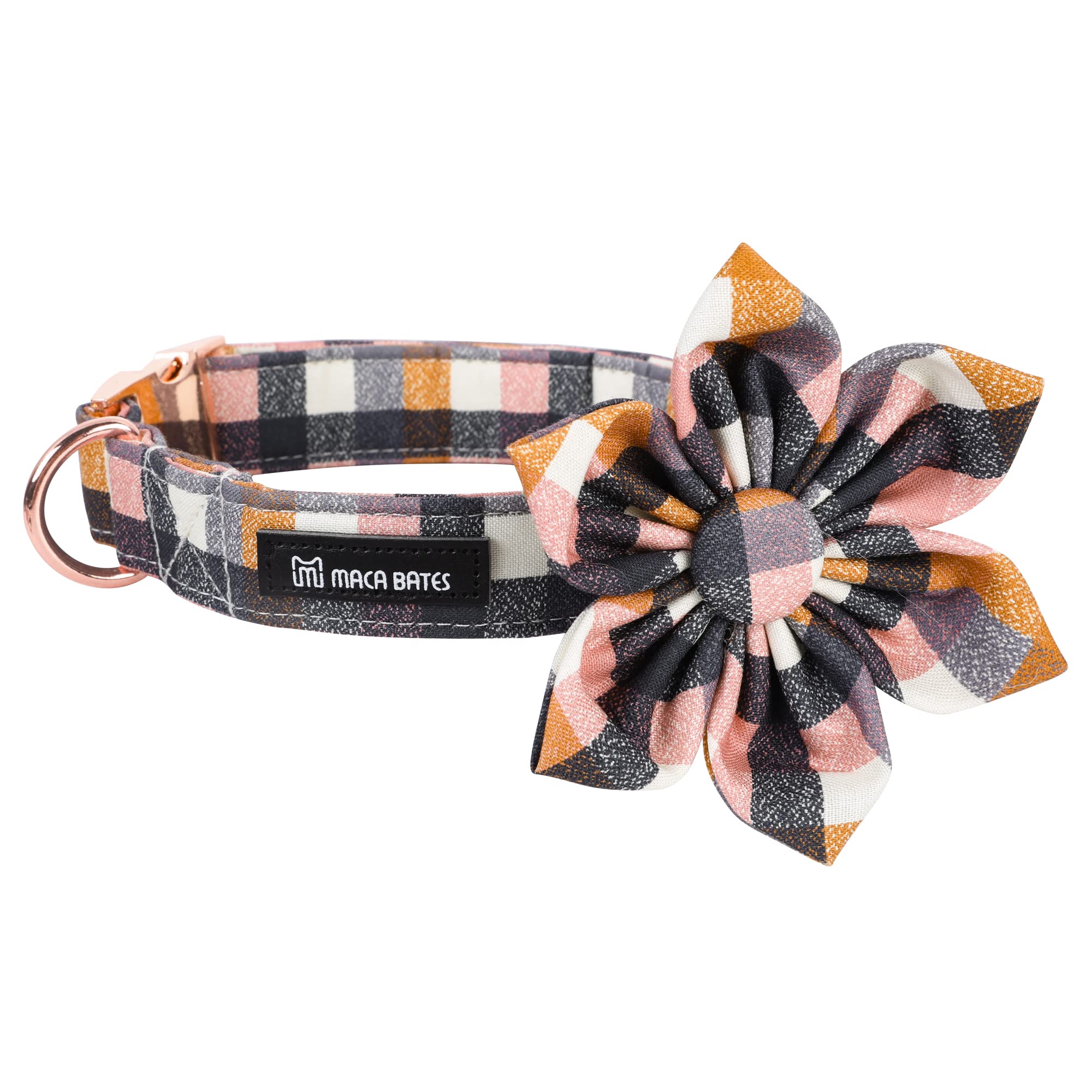 Maca Bates Fall Checkered Dog Collar with Flower Bow Tie for Small Girl,Boy Dogs Autumn Grey Pink Gingham Puppy Plaid Collars wi