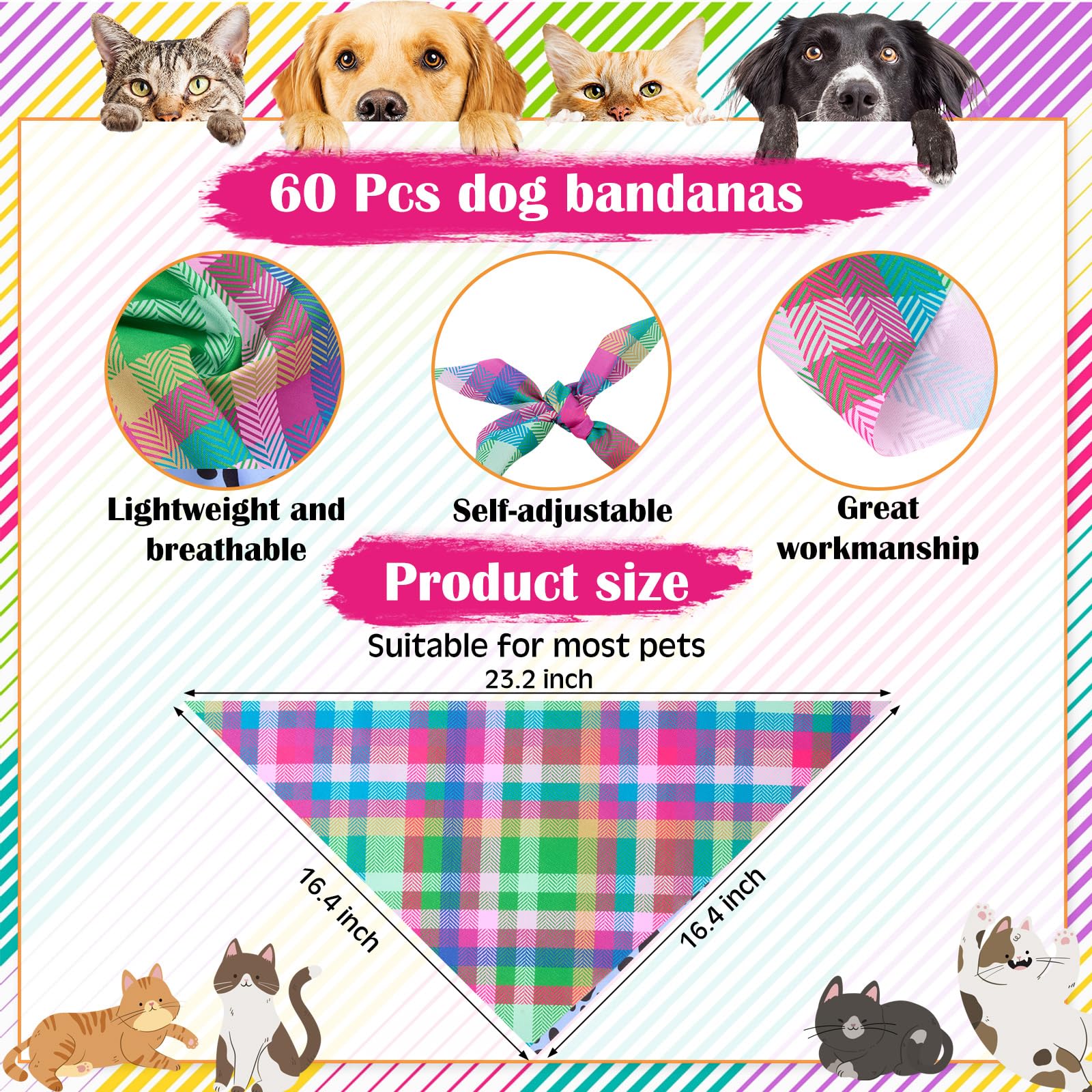 Sanwuta 108 Pcs Dog Bandanas Bulk for Summer Soft Breathable Dog Stripe Plaid Patterns Ties Adjustable Pet Collar Bowtie Triangl