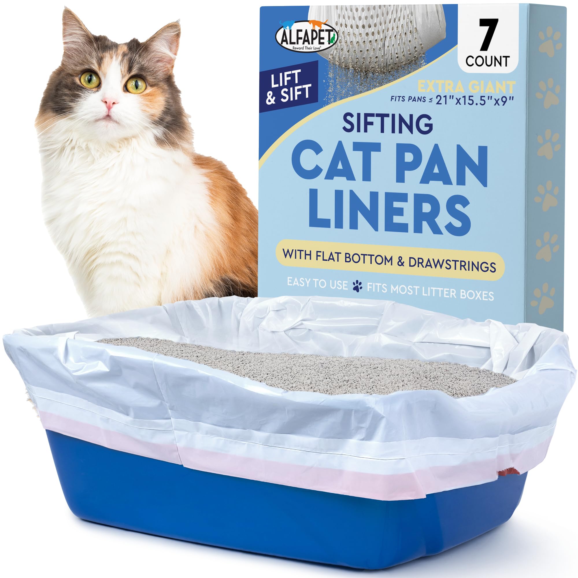 Self Sifting Kitty Litter Box Liners, Set of 7 - Flat Base Disposable Cat Waste Tray Bags for Pet Poop - XL Design for Large Tra