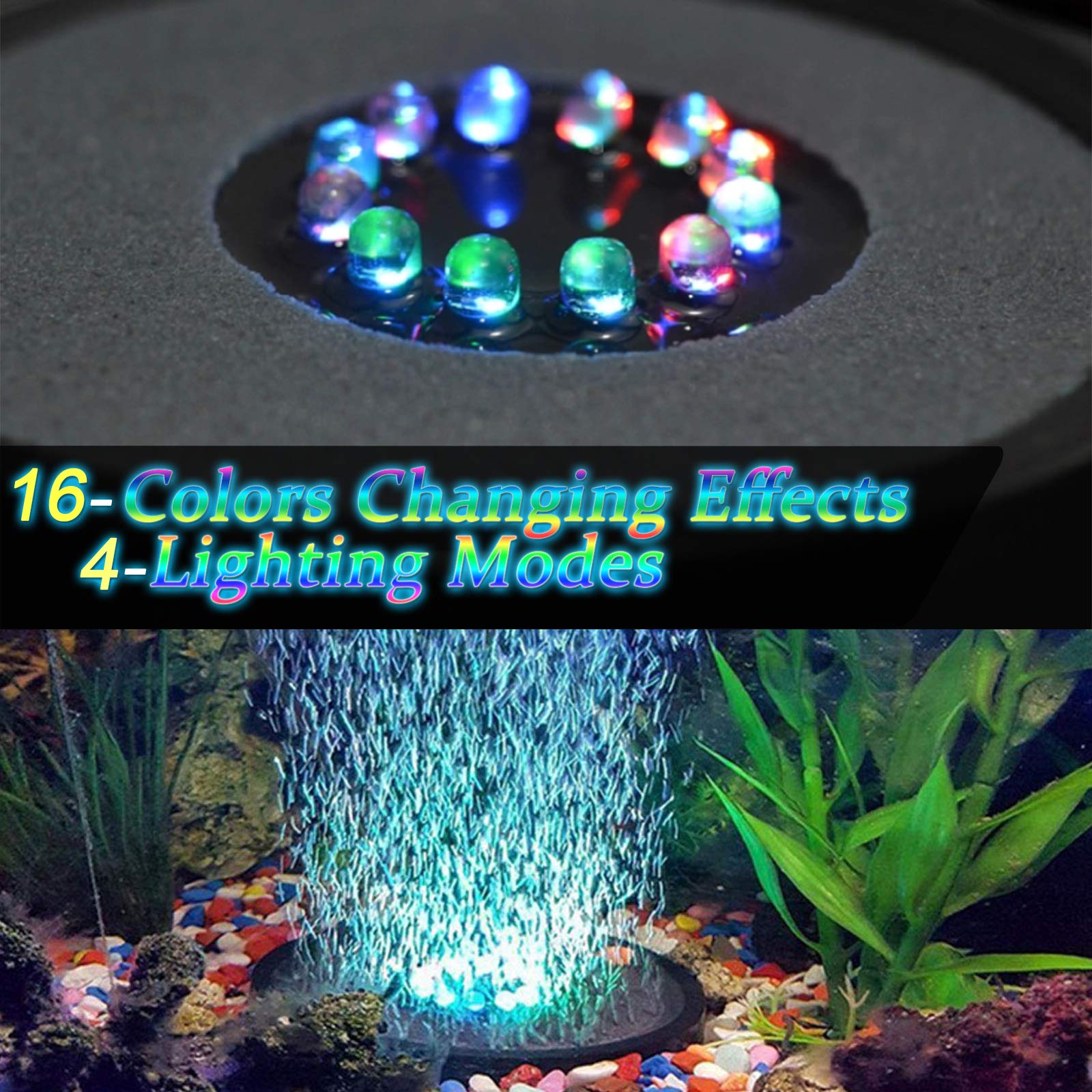 Topbry Aquarium Bubble Led Lights Rgbw, Remote Controlled Air Stone Disk, With 16 Color Changing, 4 Lighting Effects For Fish Ta