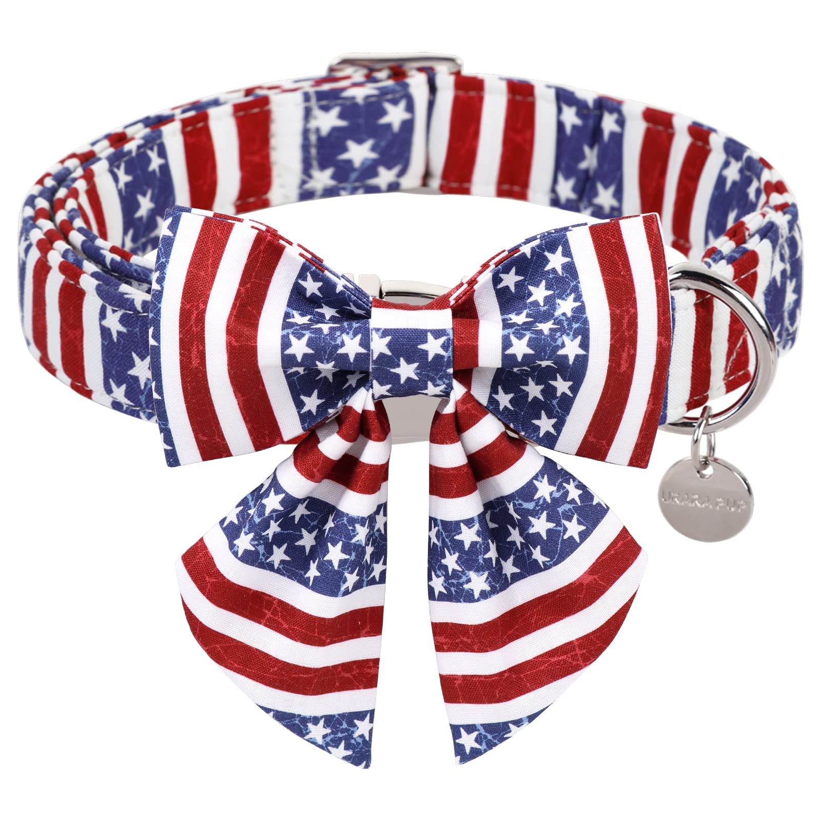 Up Urara Pup Patriotic Dog Collar With Bow Tie, 4Th Of July Bowtie Dog Collar, American Flag Collar For Small Boy Girl Dog, Comf