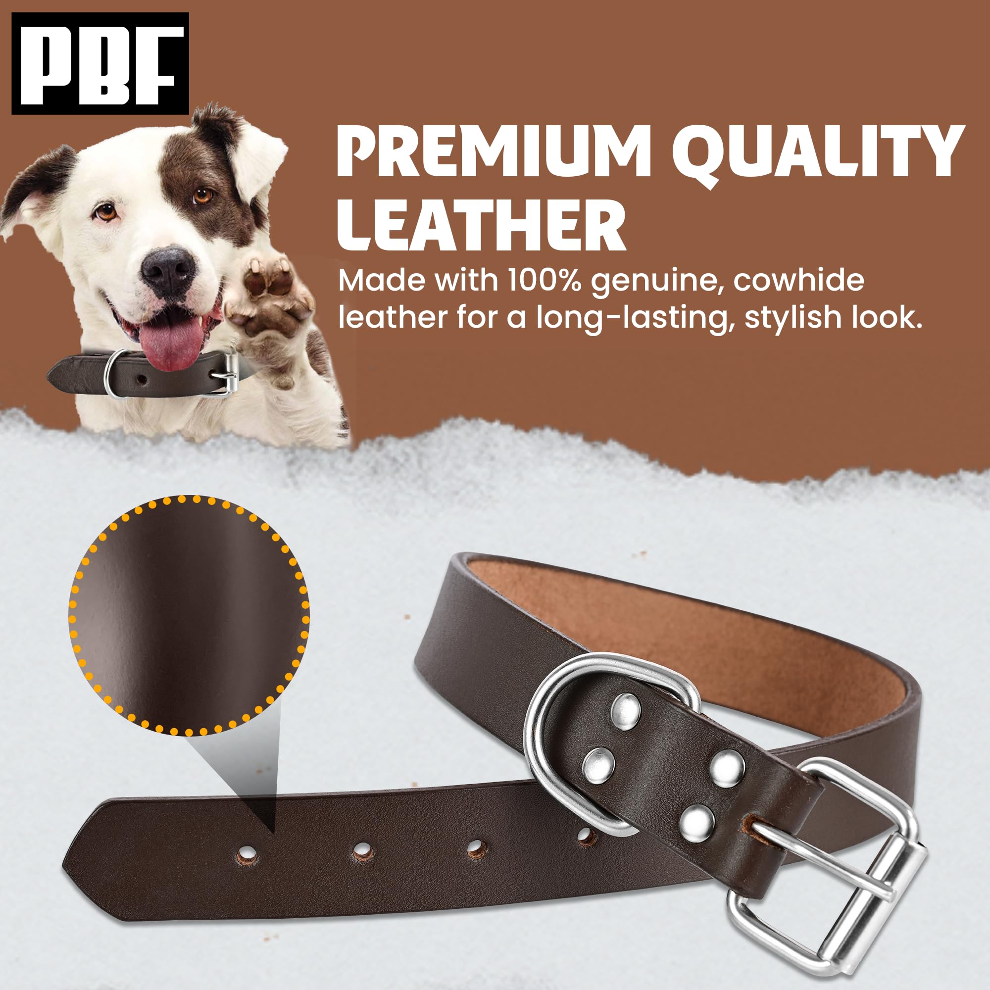 Pbf Genuine Leather Dog Collar - Heavy Duty, Thick And Durable Collar For Small, Medium, Large, And Extra Large Dogs (Brown, Lar