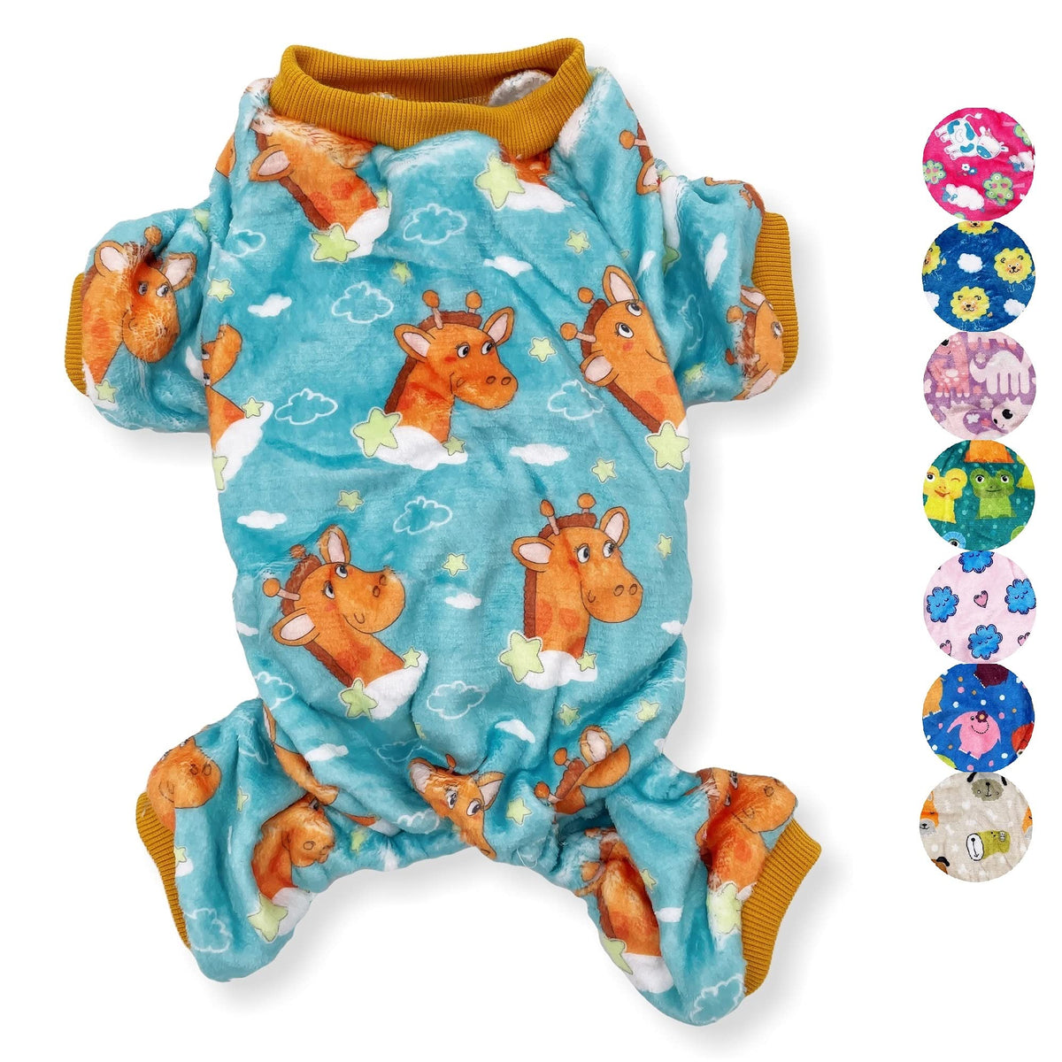 Dog Pajamas Soft Warm Fleece Jumpsuit Cute Pet Clothes For Small And Medium Pet Xxs - L (Teal Giraffes, M: Length - 15', Chest 18' - 22')