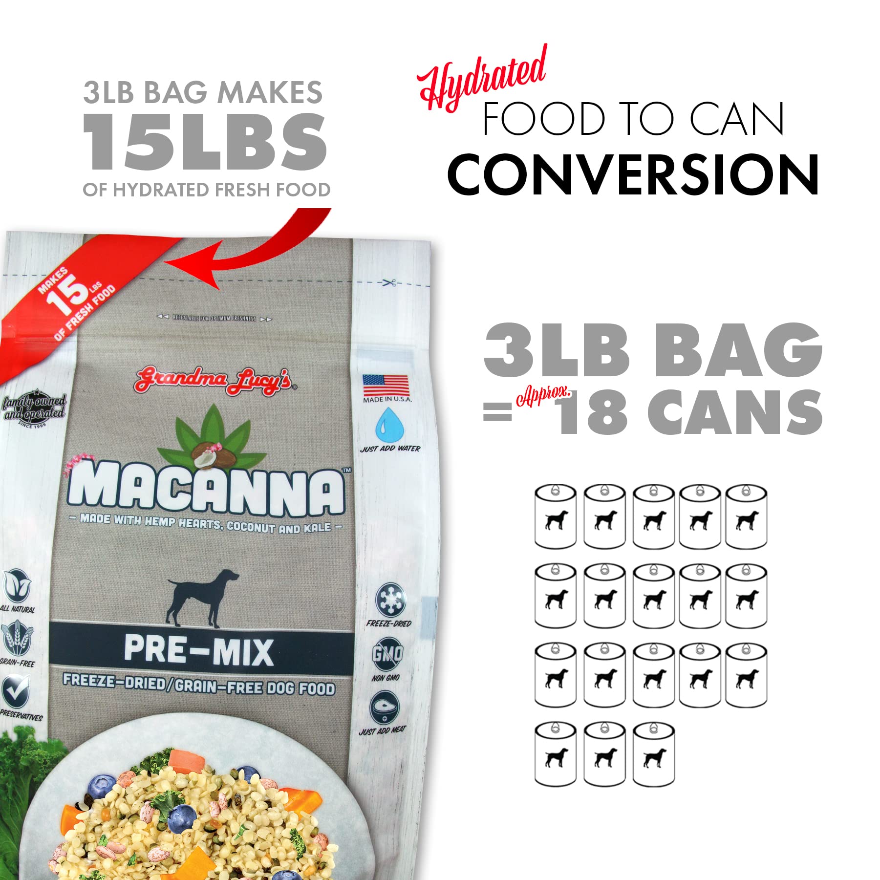 Grandma Lucys Macanna Dog Food, Grain Free and Freeze-Dried - Pre-Mix, 3Lb Bag