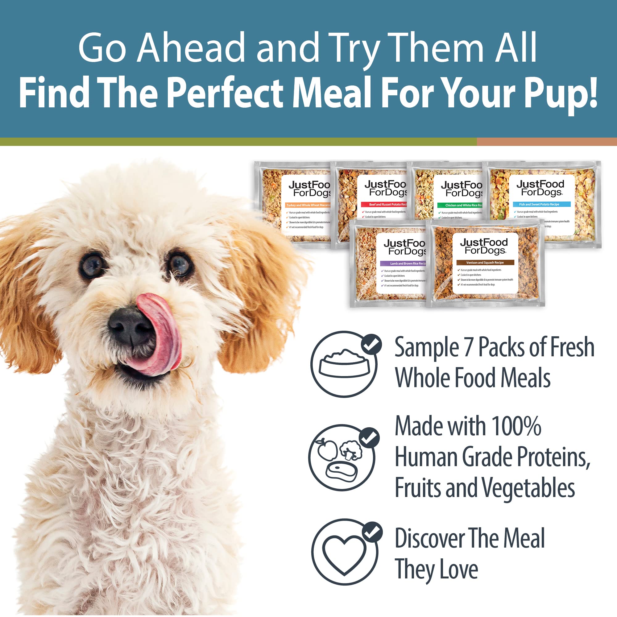 JustFoodForDogs Frozen Fresh Dog Food Sampler Human Grade Variety Box, Complete Meal or Topper, 18 oz (Pack of 7)