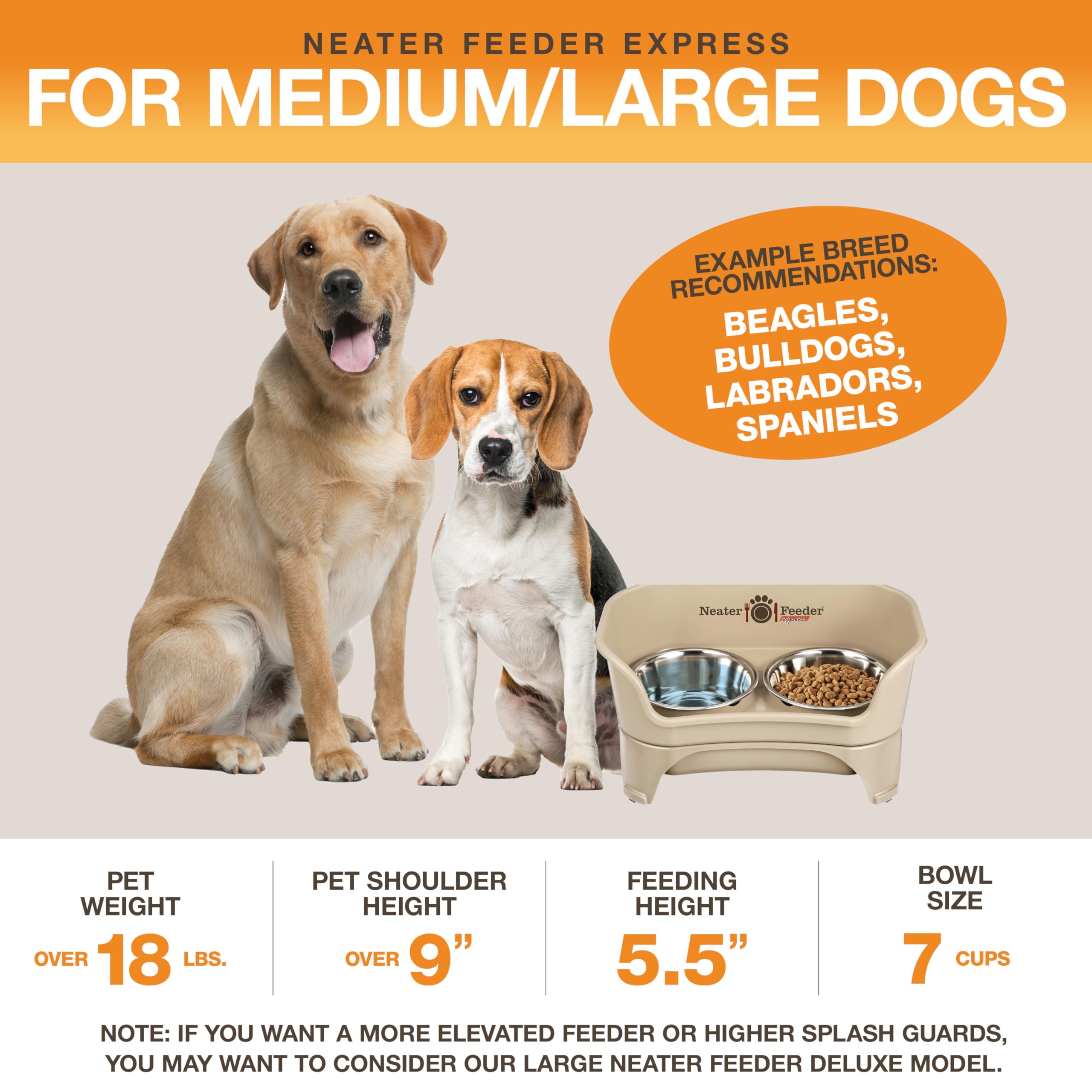 Neater Feeder - Express Model - Mess-Proof Dog Bowls (Medium/Large, Almond) - Made In Usa - Elevated, No Spill, Non-Tip, Non-Sli