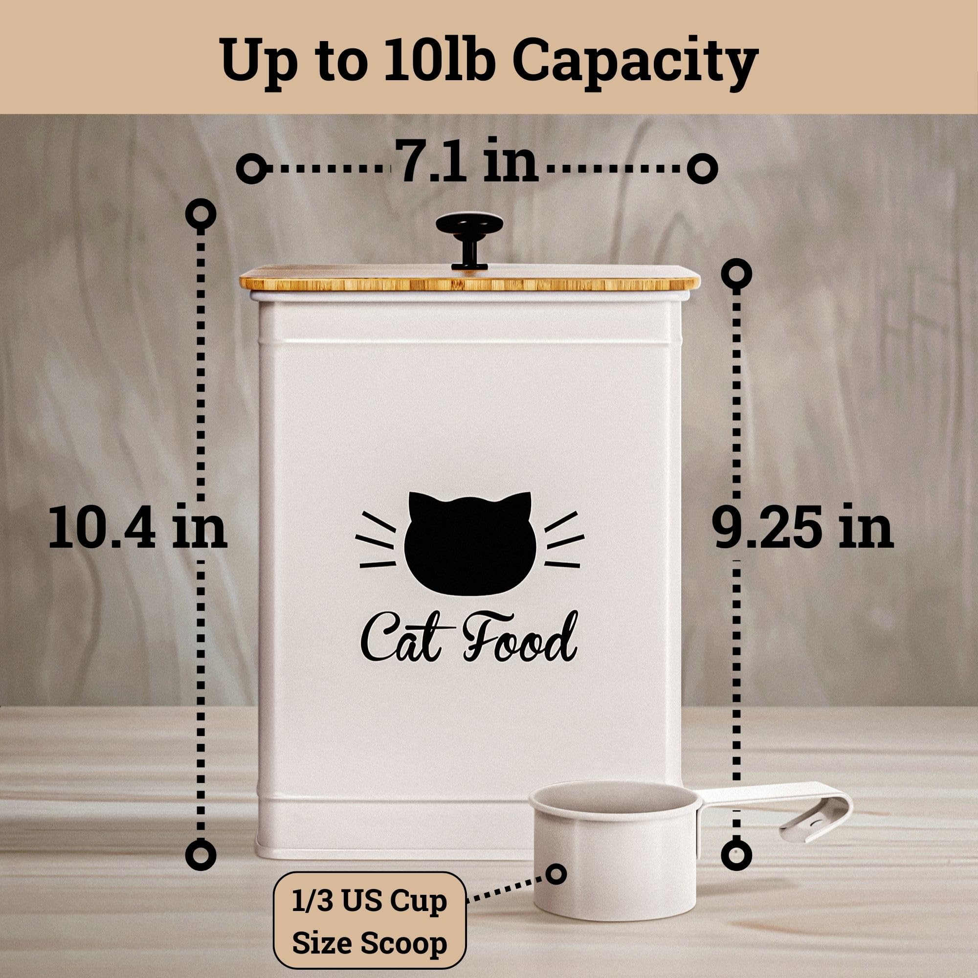 Cat Food Storage Container with Scoop - 5-7 lb (25 Cup) Capacity Metal Cat Food Container with Airtight Bamboo Lid and Metal Sco
