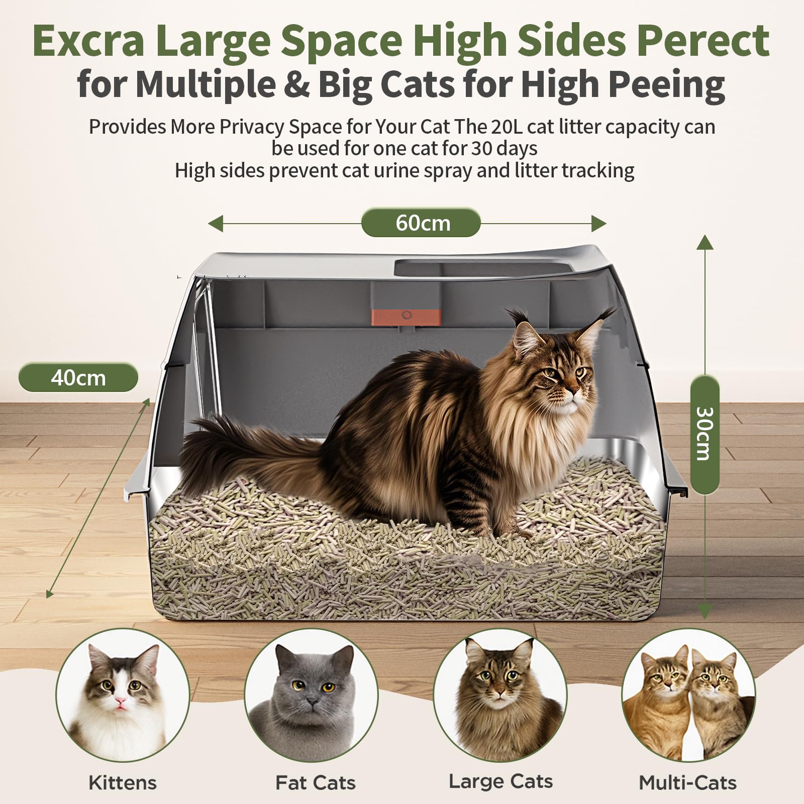 Gimars 3 In 1 High Sided Anti-Leakage Stainless Steel Cat Litter Box With Lid, Extra Large Enclosed Easy Cleaning Litter Box Wit
