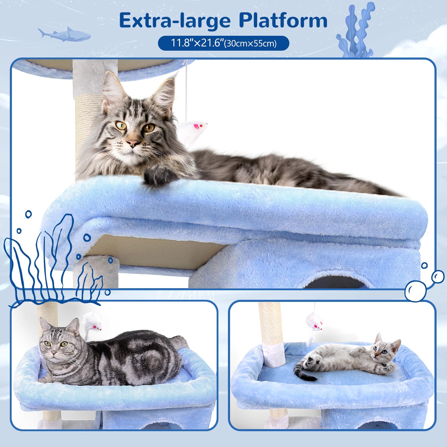 Globlazer S72 Heavy Duty Ocean Blue Cat Tree For Large Cats, Sturdy 72In Maine Coon Cat Tree For Large Cats 20 Lbs+, Cool Heavy