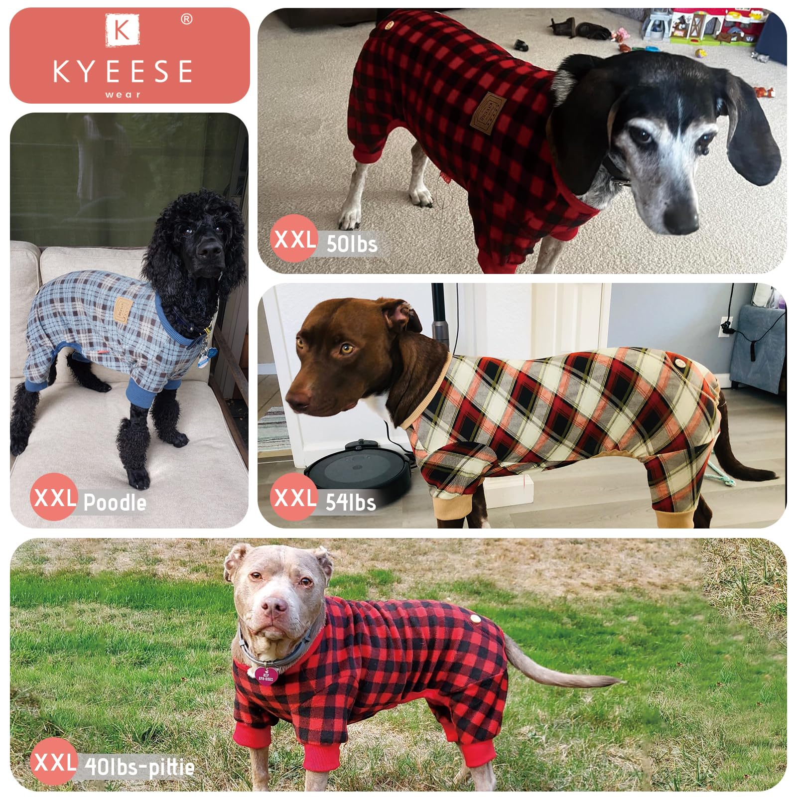Kyeese Dog Pajamas Large Sized Dog Velvet Pjs Soft Pet Clothes Comfy Coat Stretchy Onesie Plaid Doggie Jammies, Grey, Xxxl