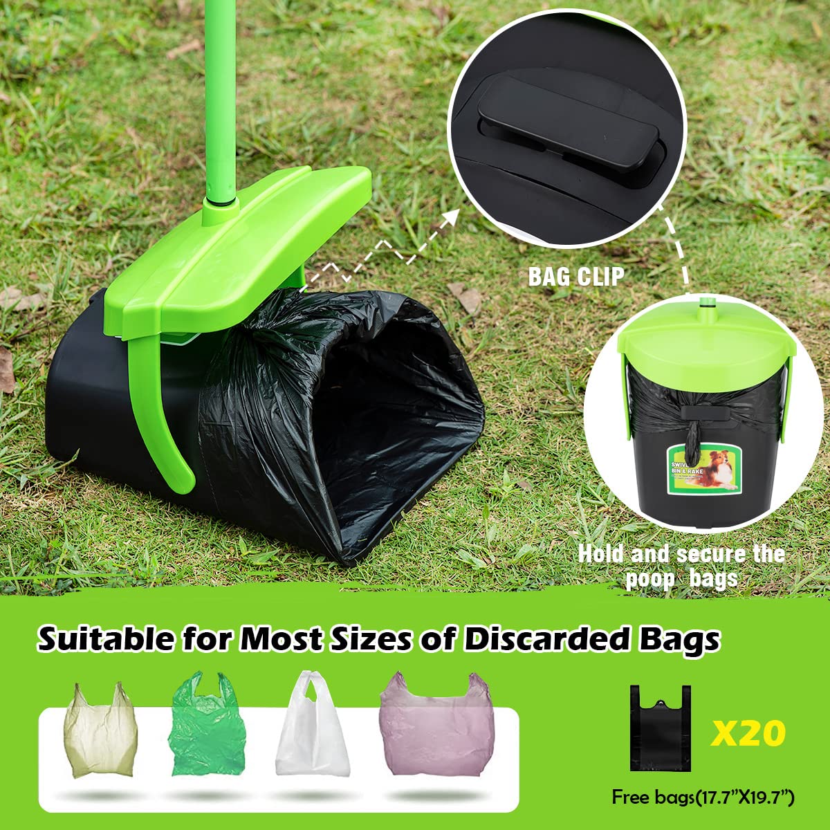 Mxf Pooper Scooper Swivel Bin & Rake Kit With 20 Waste Bags, 36.6'' Long Handle Adjustable Portable Non-Breakable Dog Pooper Sco