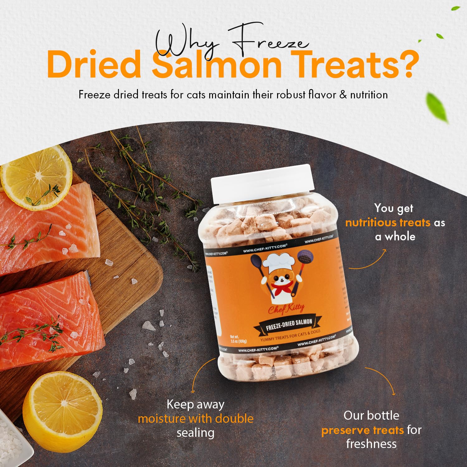 Chef Kitty Freeze Dried Salmon Cat Treats, Grain-Free, High Protein, 2.6 oz - 100% Wild Caught Salmon, No Additives or Preservatives