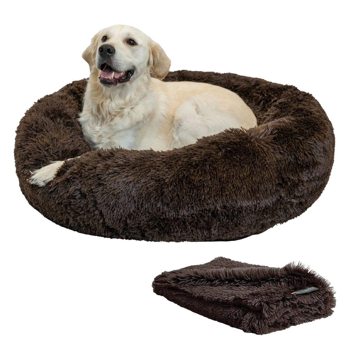 Best Friends By Sheri Bundle Set The Original Calming Shag Donut Cuddler Cat And Dog Bed + Pet Throw Blanket Dark Chocolate Larg