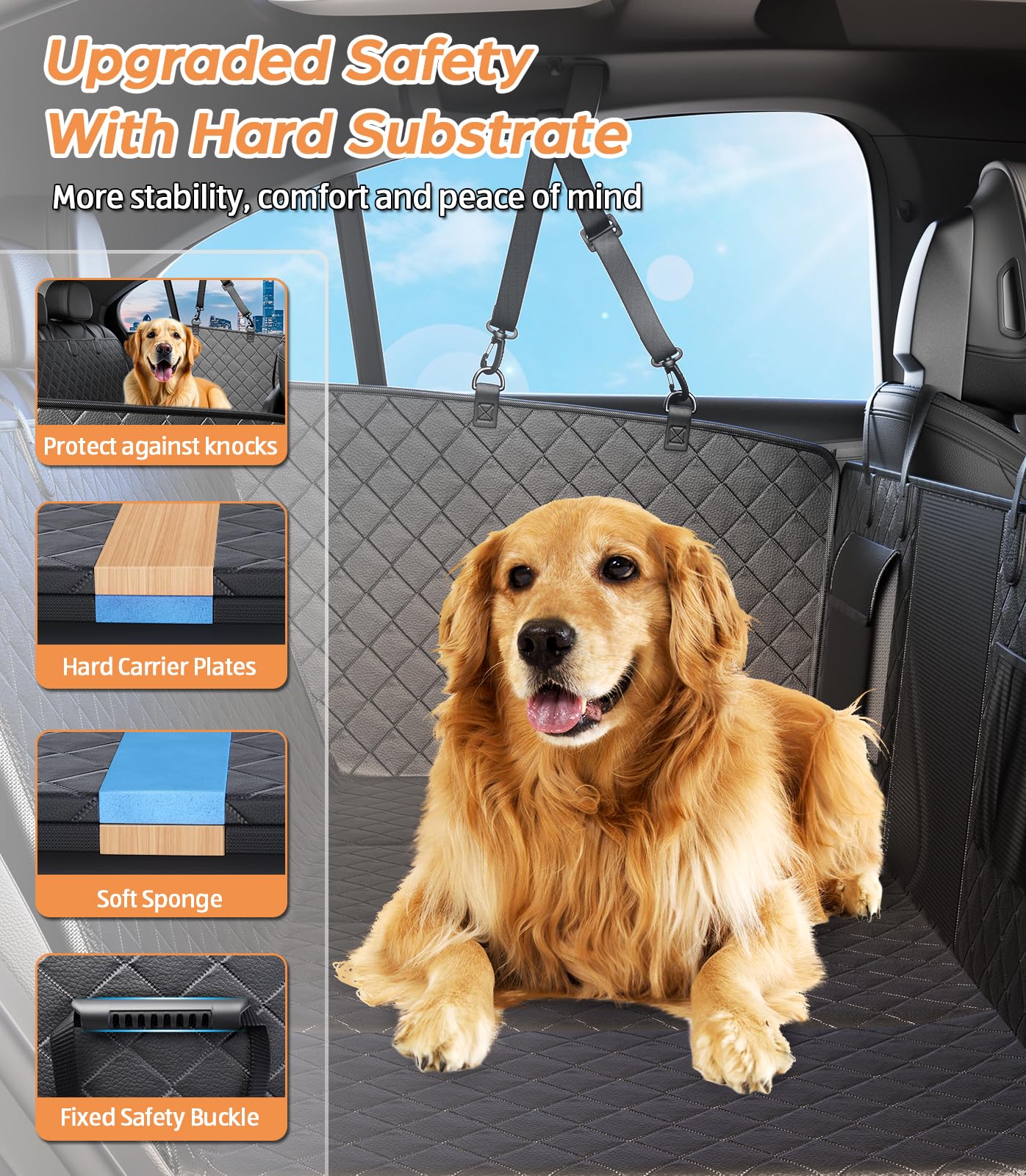 Dog Car Seat Cover For Back Seat, Waterproof Hard Bottom Back Seat Extender For Dogs, Dog Hammock For Car With Support Bar Holds