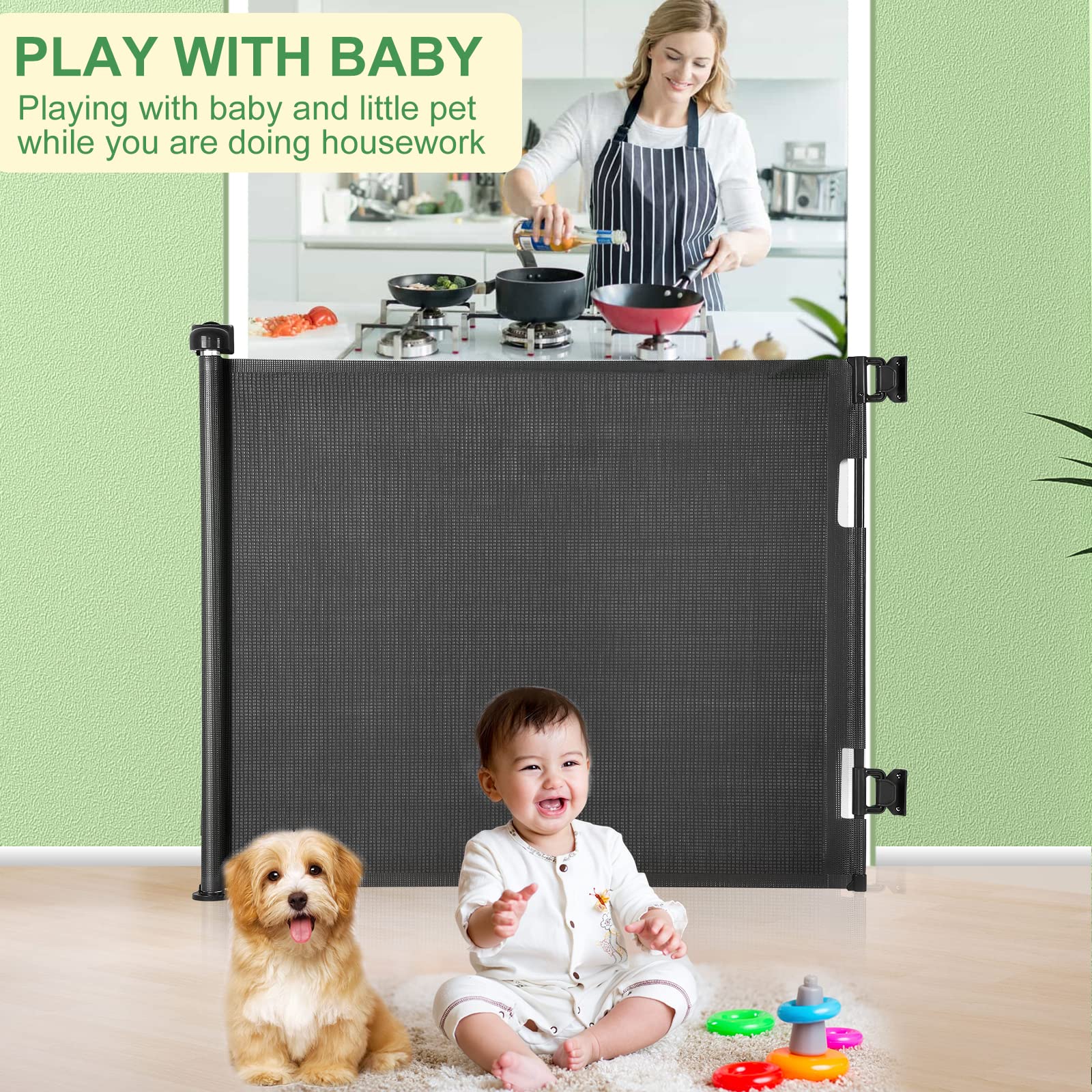 Retractable Baby Gate, Extra Wide Safety Kids Or Pets Gate, 33?Tall, Extends To 55?Wide, Mesh Safety Dog Gate For Stairs, Indoor, Outdoor, Doorways, Hallways(33?55? Black)