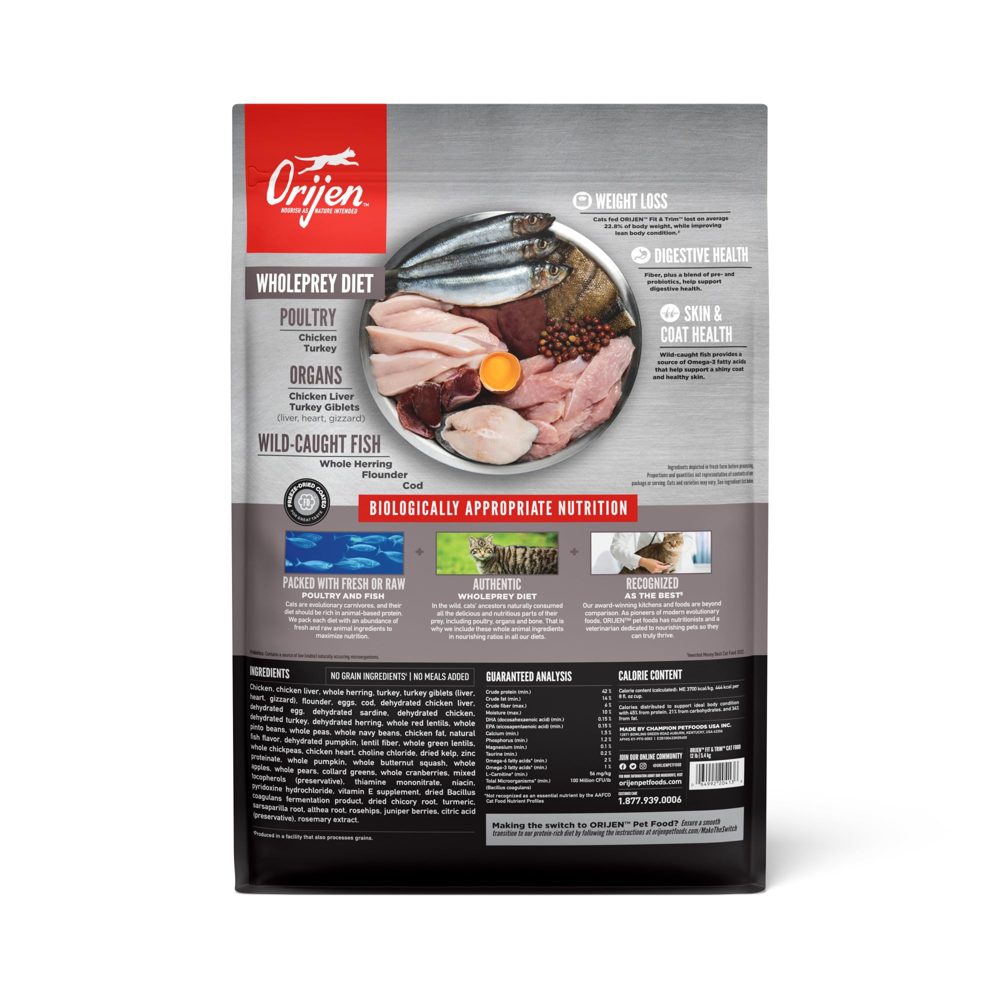 ORIJEN Fit and Trim Dry Cat Food, Grain Free Cat Food for Adult Cats, With WholePrey Ingredients, 12lb