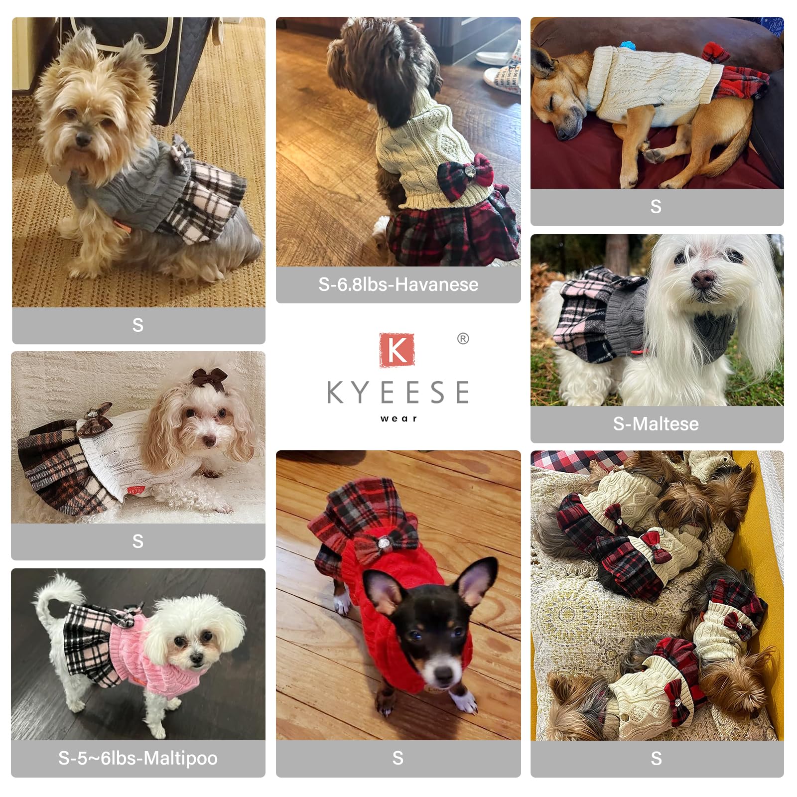 Kyeese Dog Sweater Dress With Bowtie Buffalo Check Red Small Dogs Turtleneck Dog Pullover Knitwear Puppy Sweater Beige