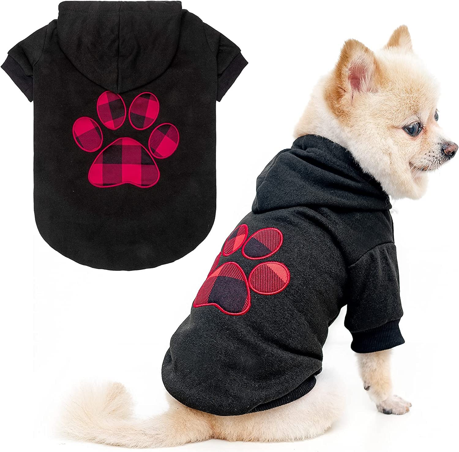 Kooltail Dog Pullover Hoodie With Hat, Pet Cold Weather Clothes With Red And Black Plaid Foot Pattern, For Small Medium Large Dogs
