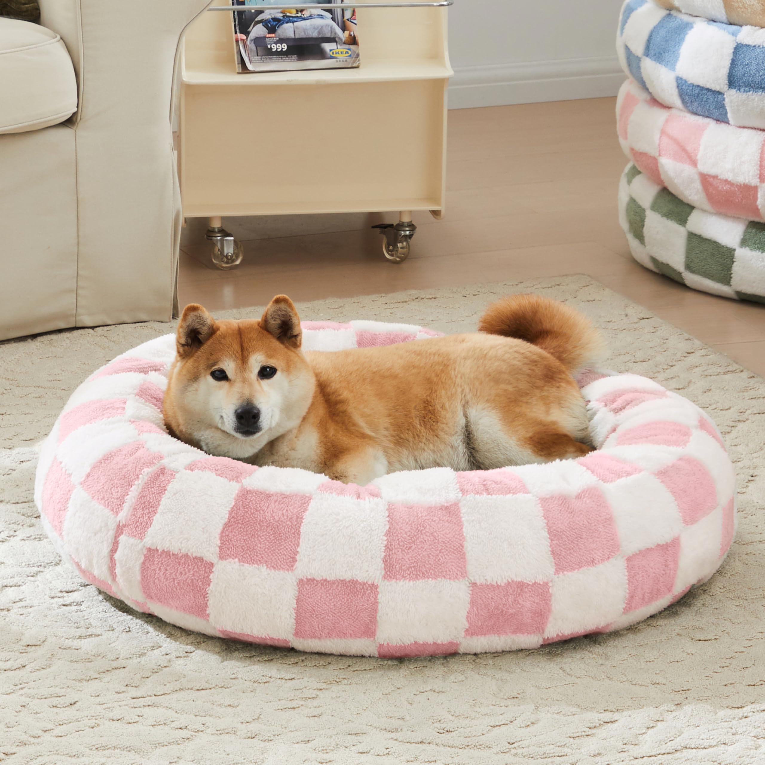 Ohocut Checkered Dog Bed, Cute Girly Pink Retro Style Aesthetic Round Warming Pet Calming Beds For Small Dog And Cats, Plush Coz
