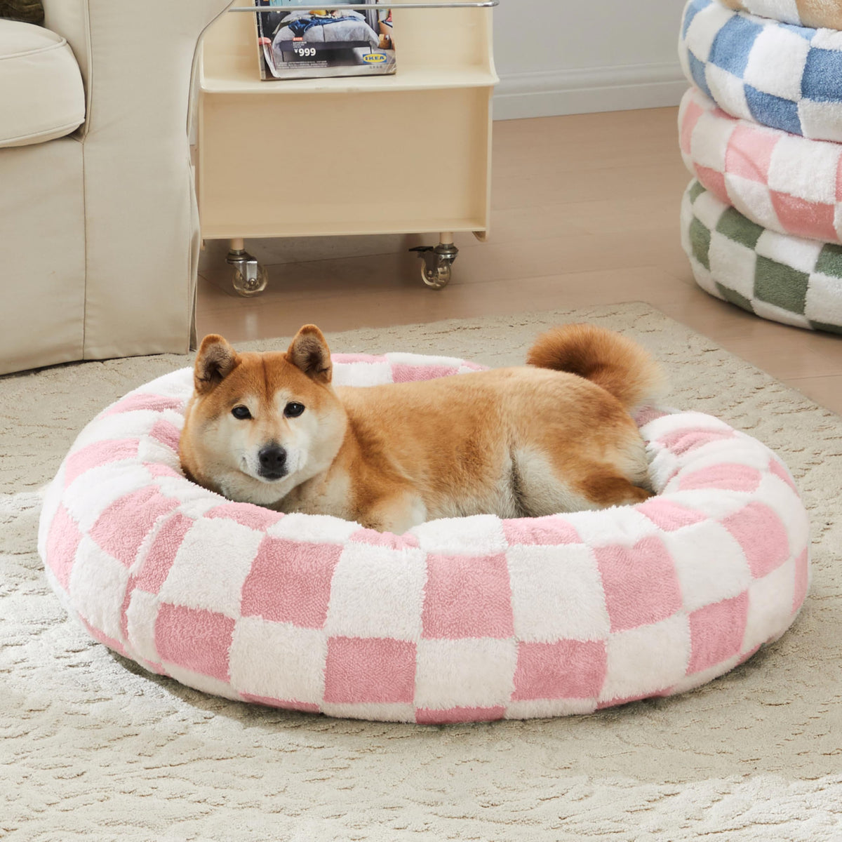 Ohocut Checkered Dog Bed, Cute Girly Pink Retro Style Aesthetic Round Warming Pet Calming Beds For Small Dog And Cats, Plush Coz