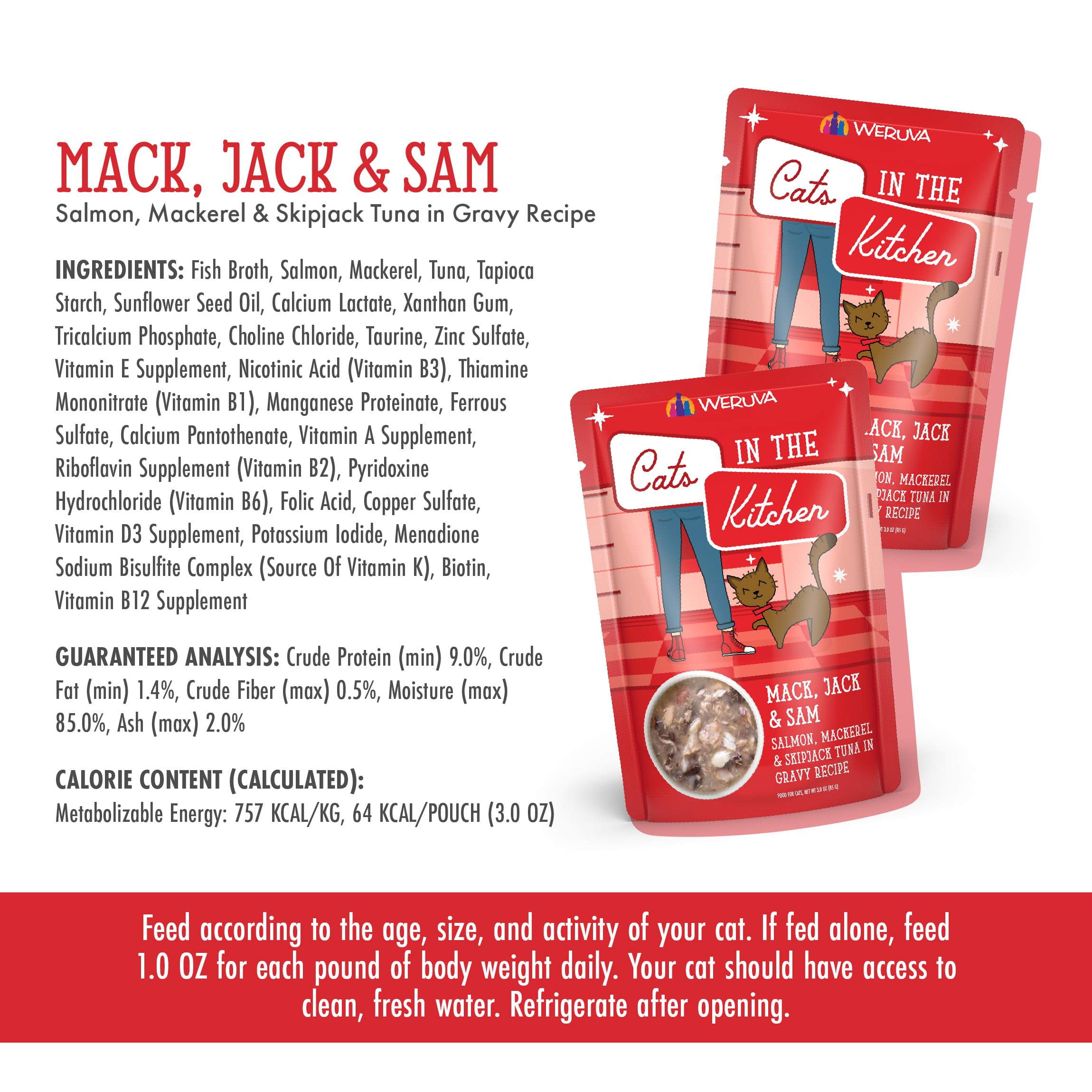 Weruva Cats in The Kitchen Mack, Jack & Sam with Mackerel, Skipjack & Salmon in Gravy Cat Food, 3oz Pouch (Pack of 12)