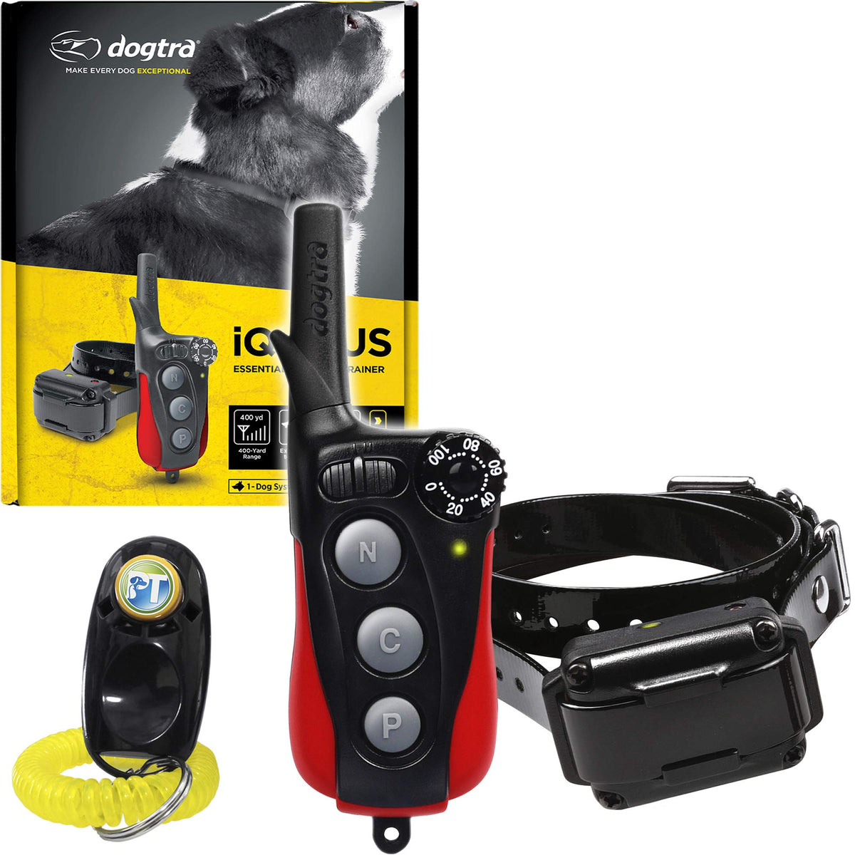 Dogtra Iq Plus+ 1-Dog Remote Training Collar - 400 Yard Range, Waterproof, Rechargeable, Static, Vibration - Includes Petstek Dog Training Clicker