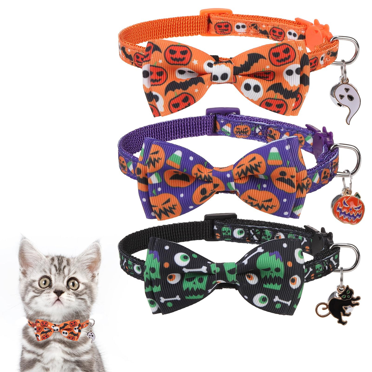 Kooltail Halloween Cat Collar Breakaway With Bowtie And Bells, 3 Pack Cute Kitten Collars, Adjustable Safety Buckle Pumpkin Ghost Charm Pendant Pet Collars For Kitty Boys Girls Cats Holiday Orange